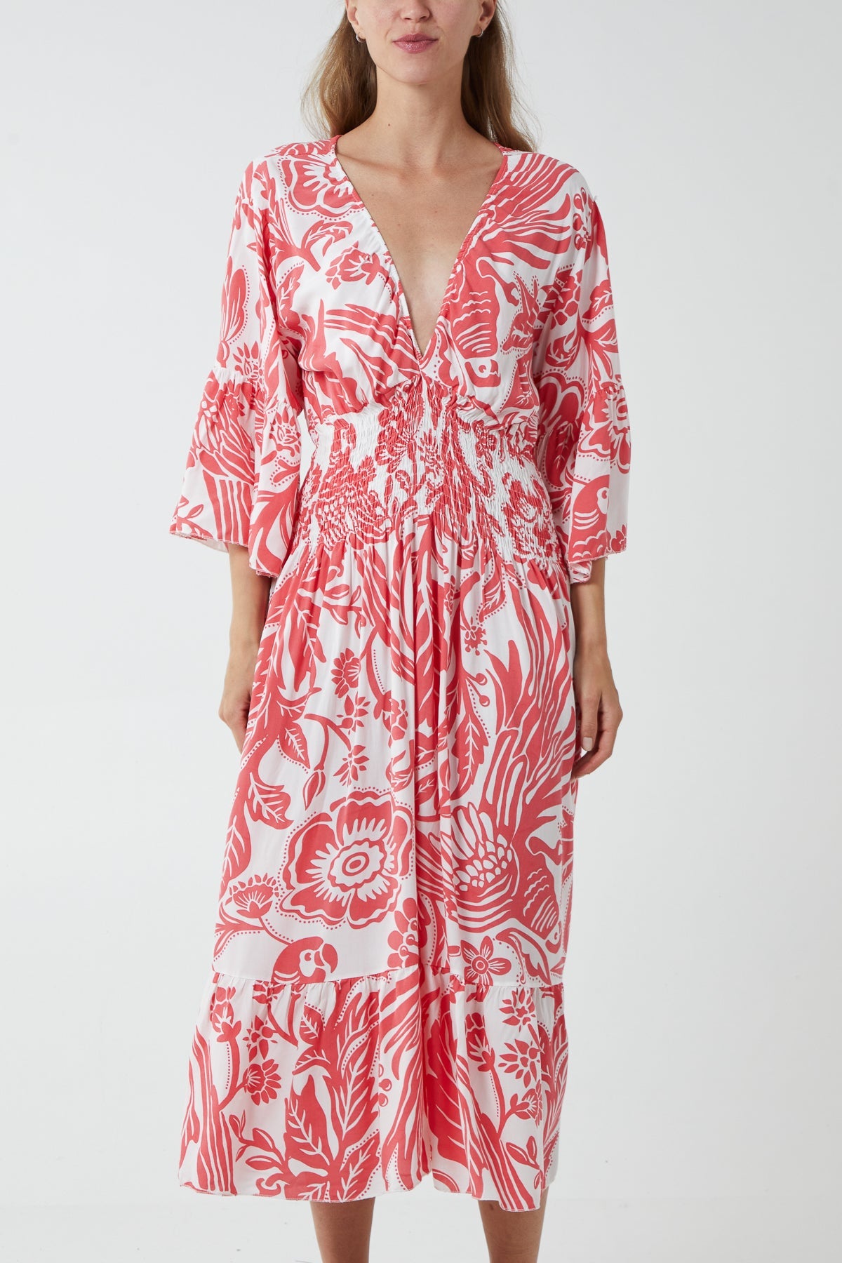 Monochromatic Floral Shirred Bodice Midi Dress DMF2 WearAll Coral One Size