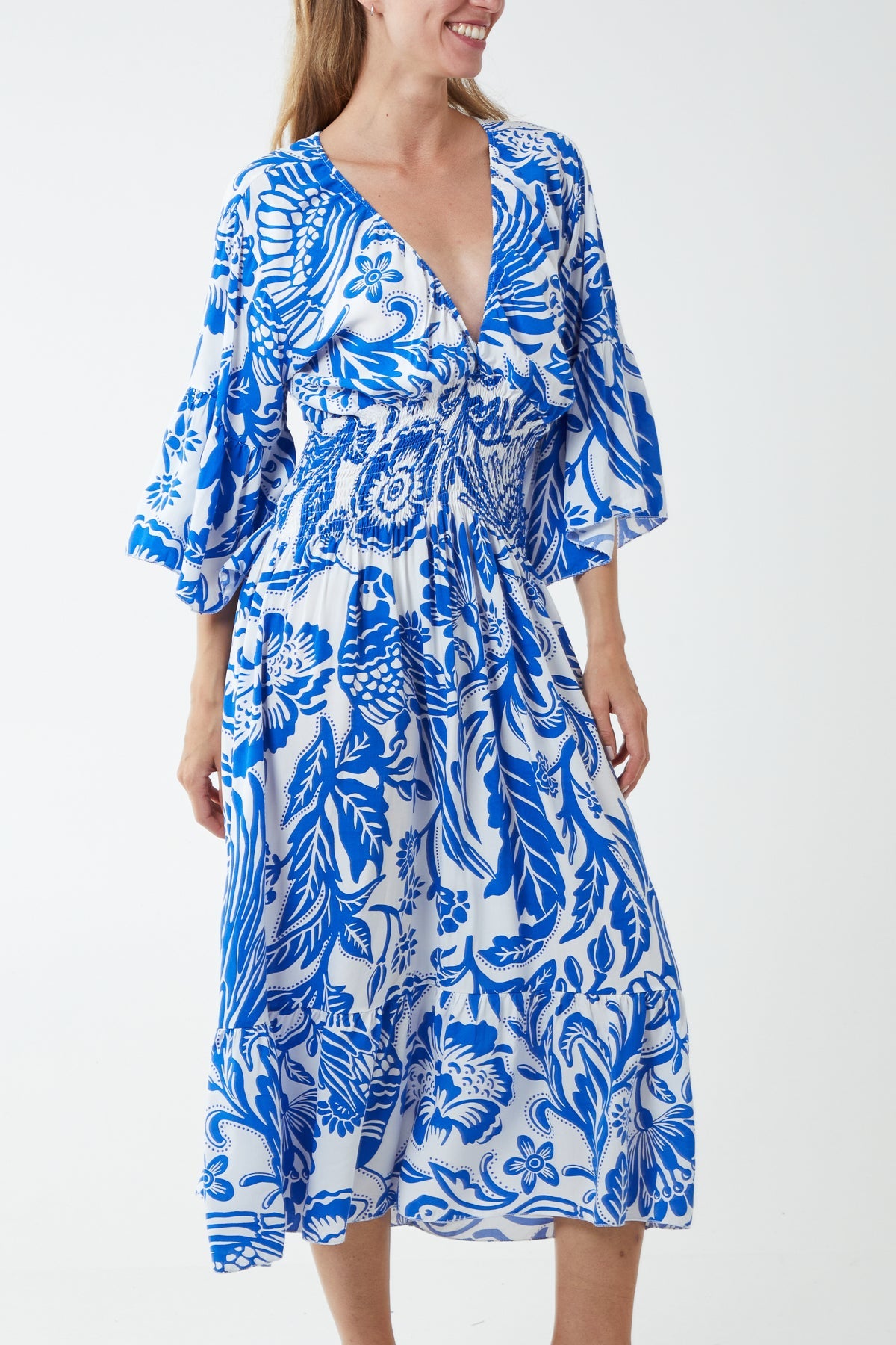 Monochromatic Floral Shirred Bodice Midi Dress DMF2 WearAll Royal Blue One Size