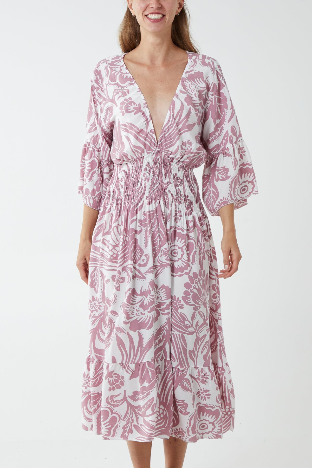 Monochromatic Floral Shirred Bodice Midi Dress DMF2 WearAll Blush One Size