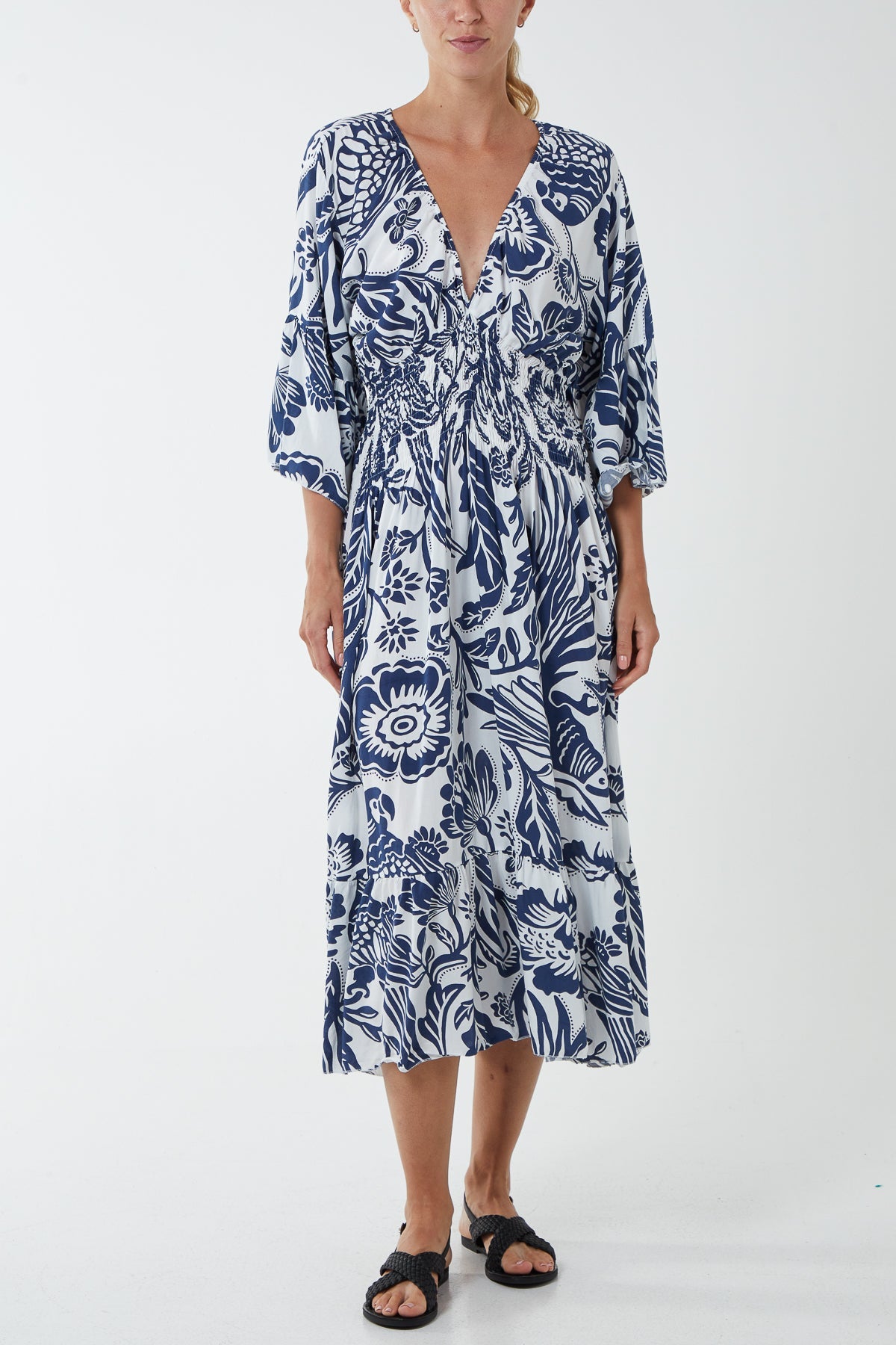 Monochromatic Floral Shirred Bodice Midi Dress DMF2 WearAll Navy One Size