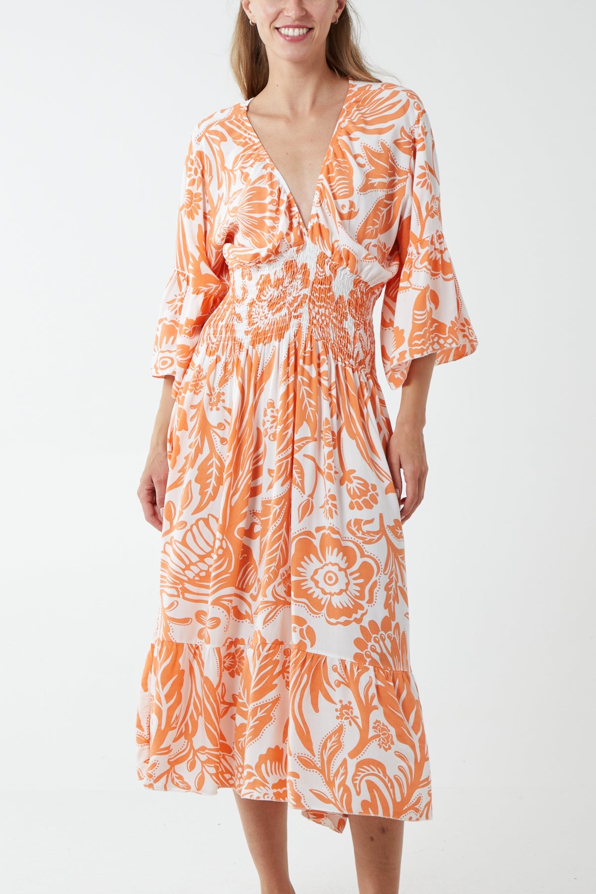 Monochromatic Floral Shirred Bodice Midi Dress DMF2 WearAll Orange One Size