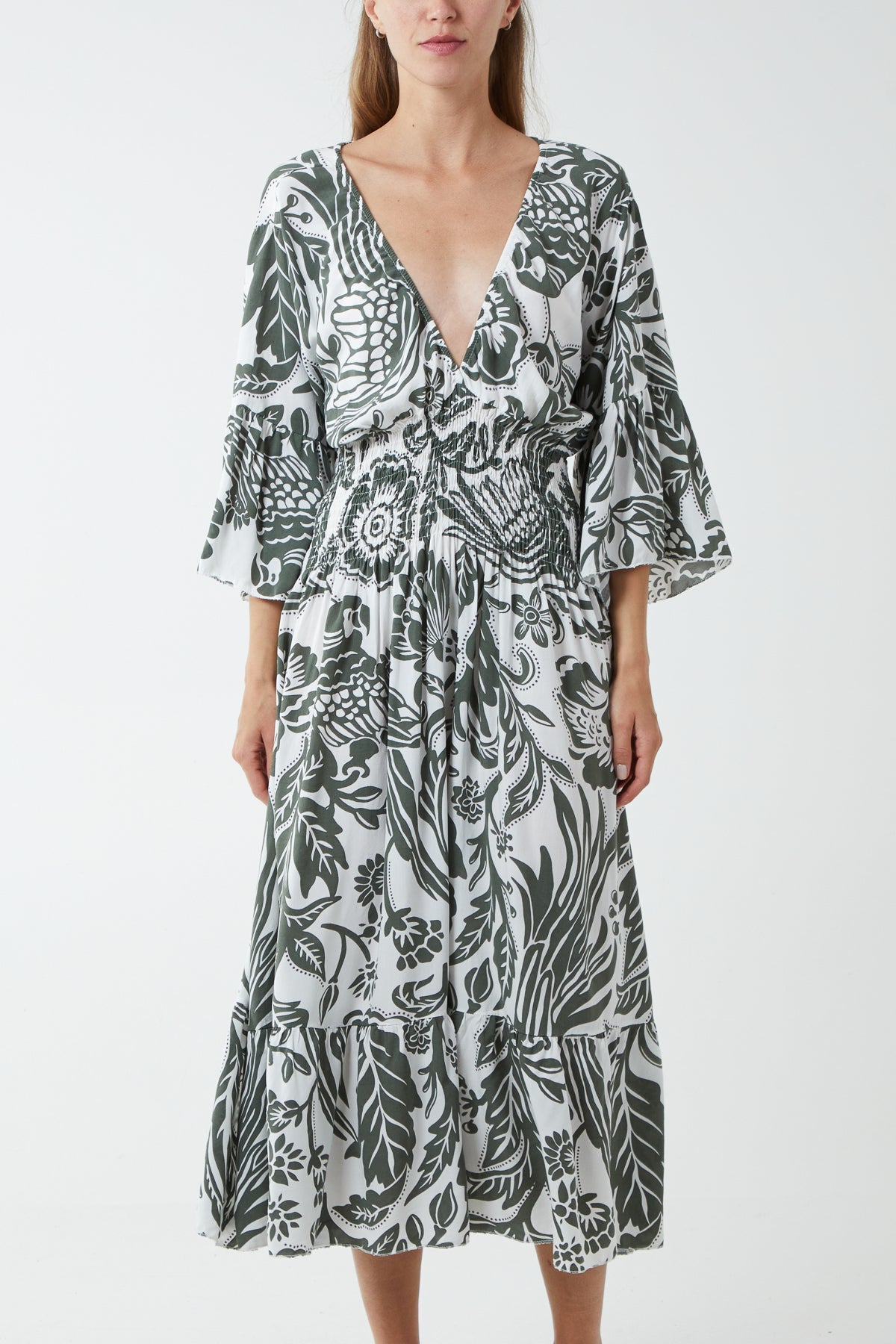 Monochromatic Floral Shirred Bodice Midi Dress DMF2 WearAll Khaki One Size