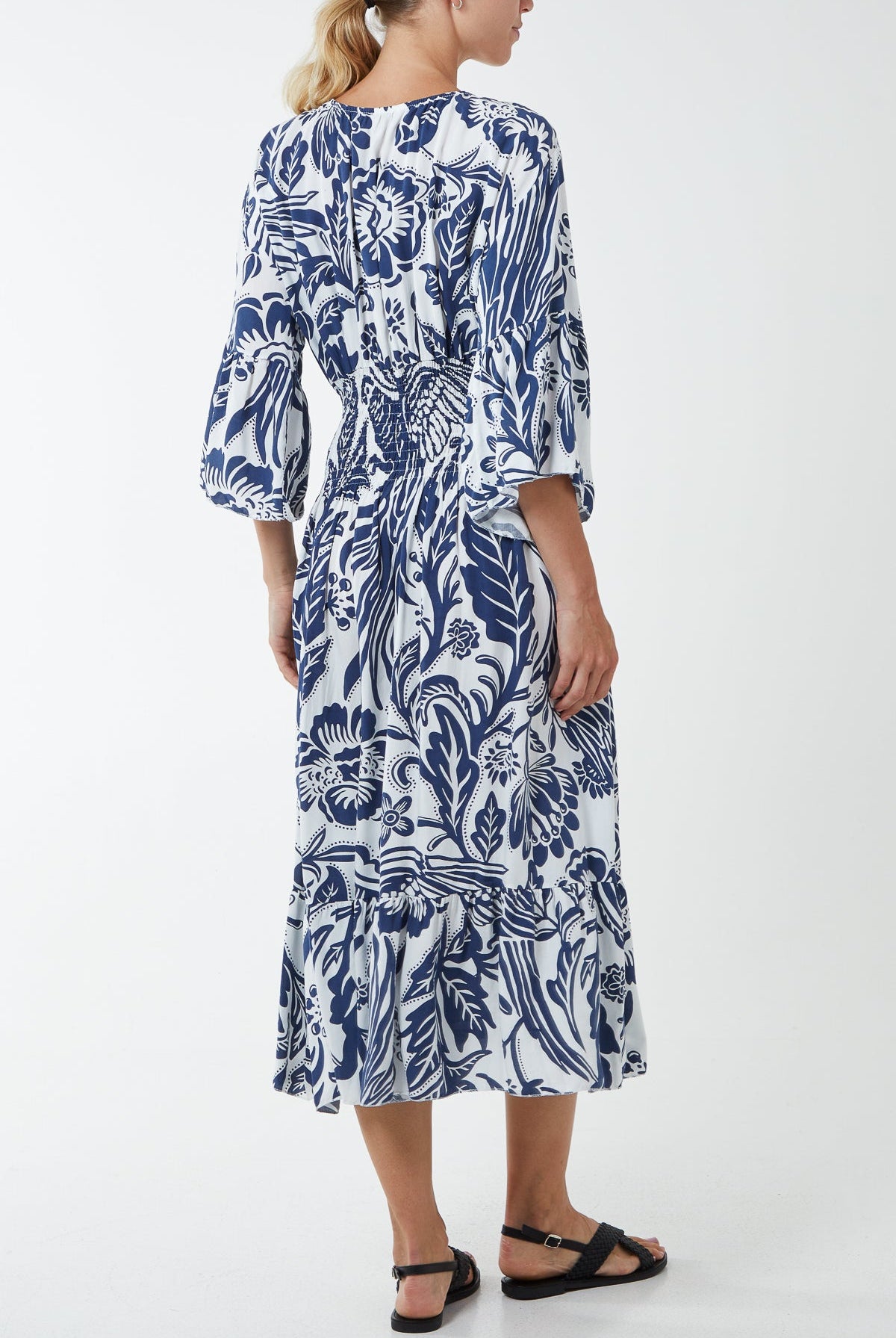 Monochromatic Floral Shirred Bodice Midi Dress DMF2 WearAll