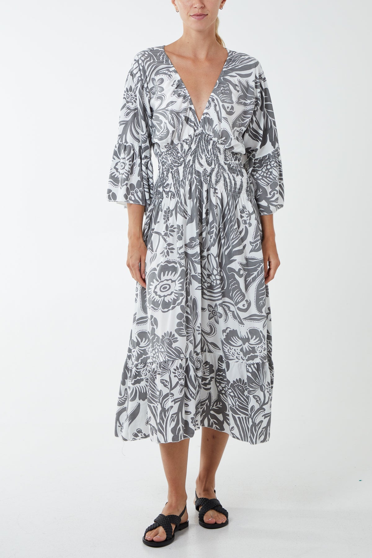 Monochromatic Floral Shirred Bodice Midi Dress DMF2 WearAll Grey One Size