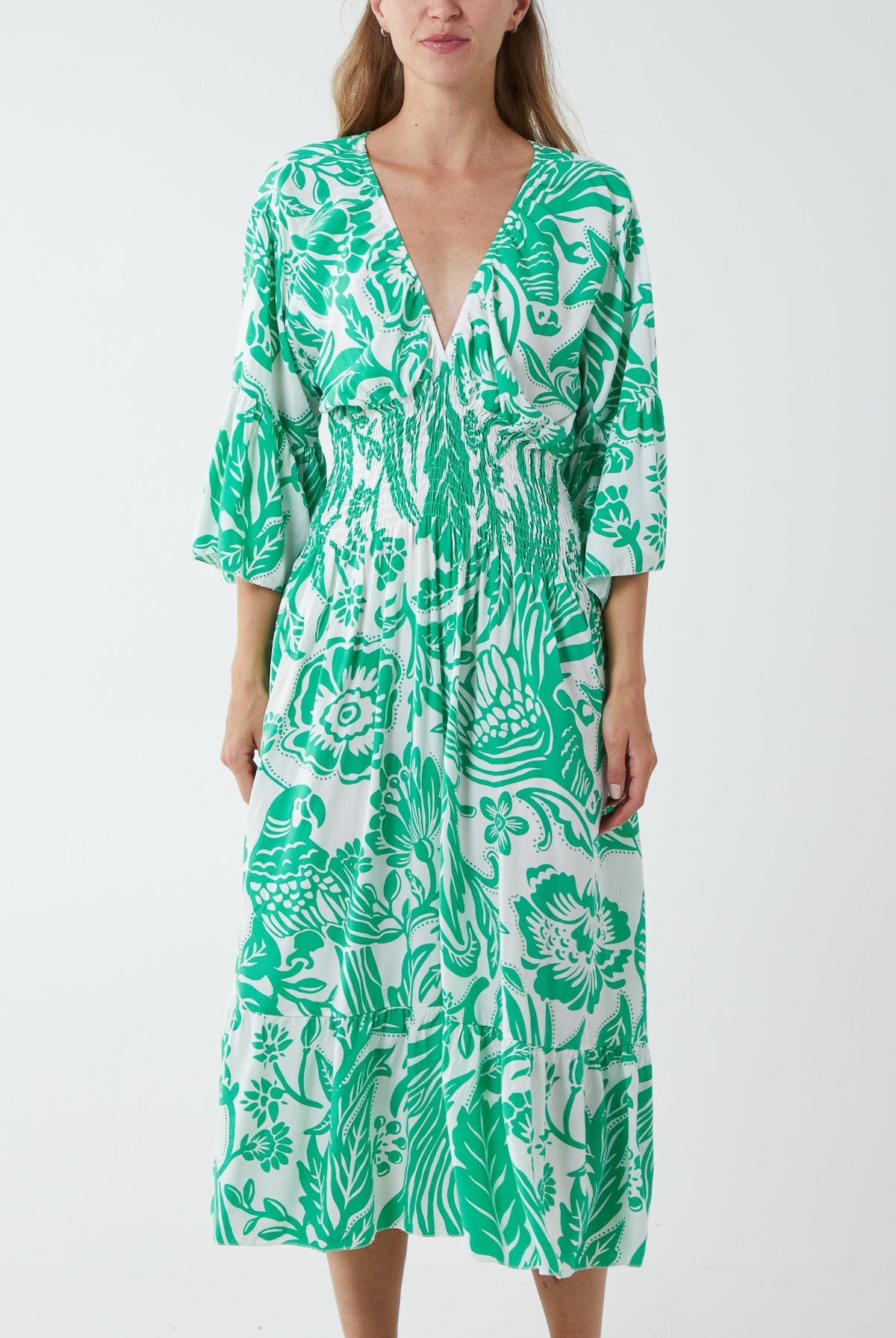 Monochromatic Floral Shirred Bodice Midi Dress DMF2 WearAll Jade One Size