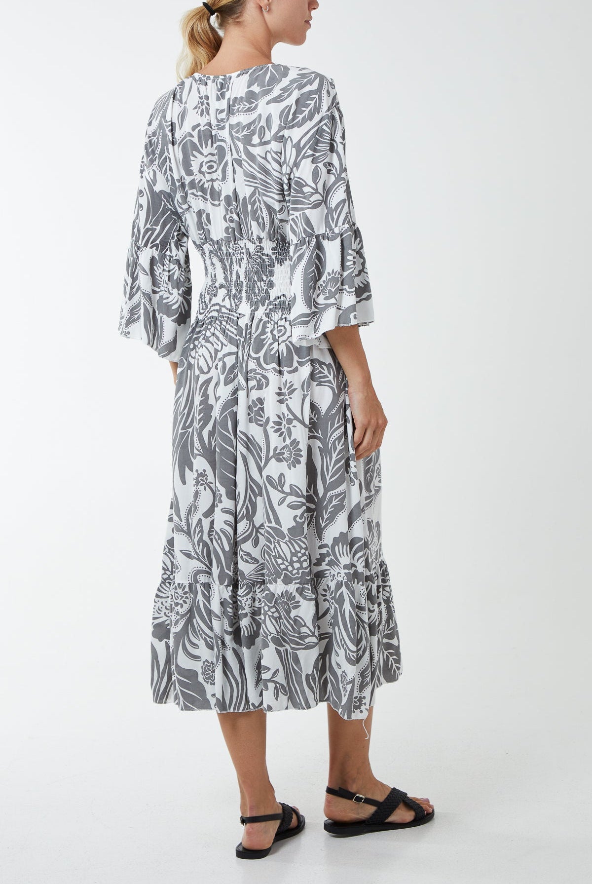 Monochromatic Floral Shirred Bodice Midi Dress DMF2 WearAll