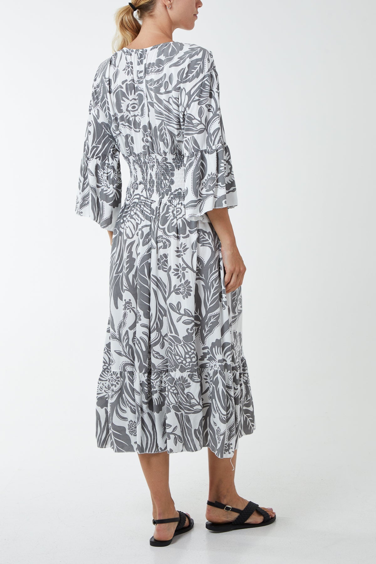 Monochromatic Floral Shirred Bodice Midi Dress DMF2 WearAll