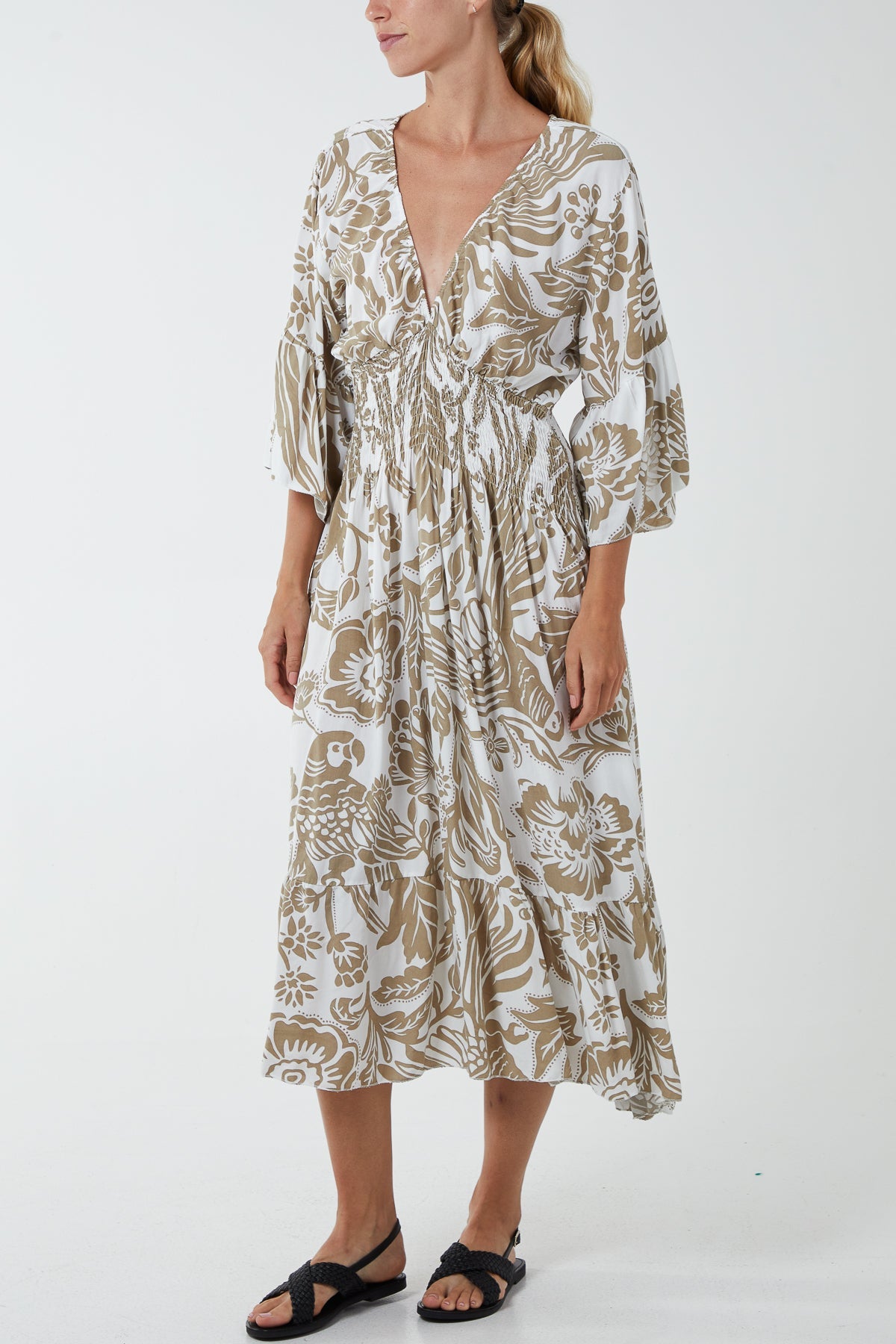 Monochromatic Floral Shirred Bodice Midi Dress DMF2 WearAll Sage One Size