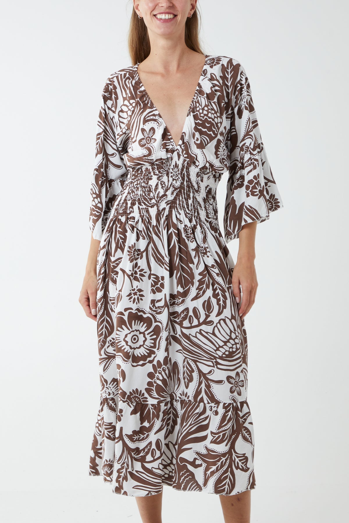 Monochromatic Floral Shirred Bodice Midi Dress DMF2 WearAll Brown One Size