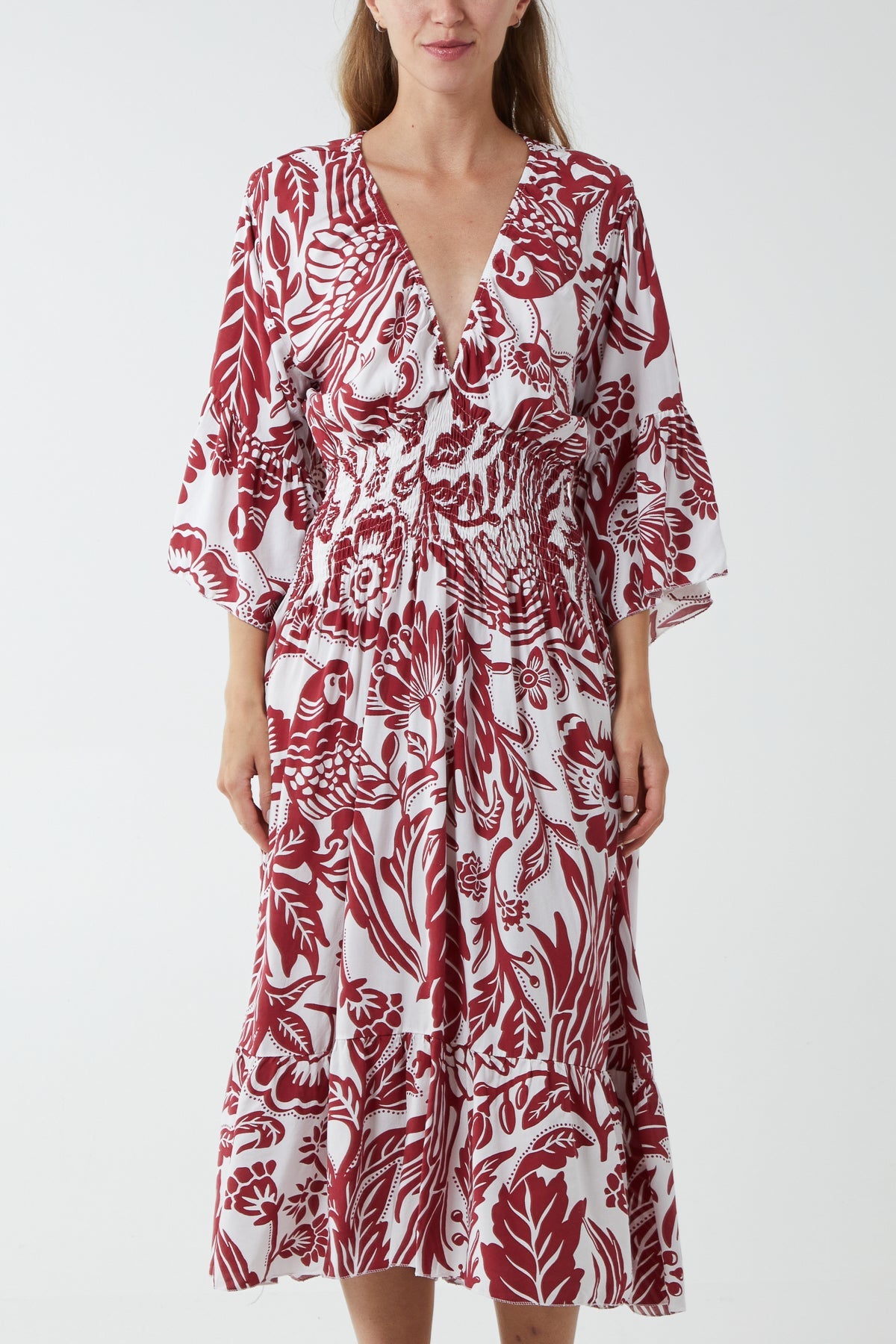 Monochromatic Floral Shirred Bodice Midi Dress DMF2 WearAll Burgundy One Size