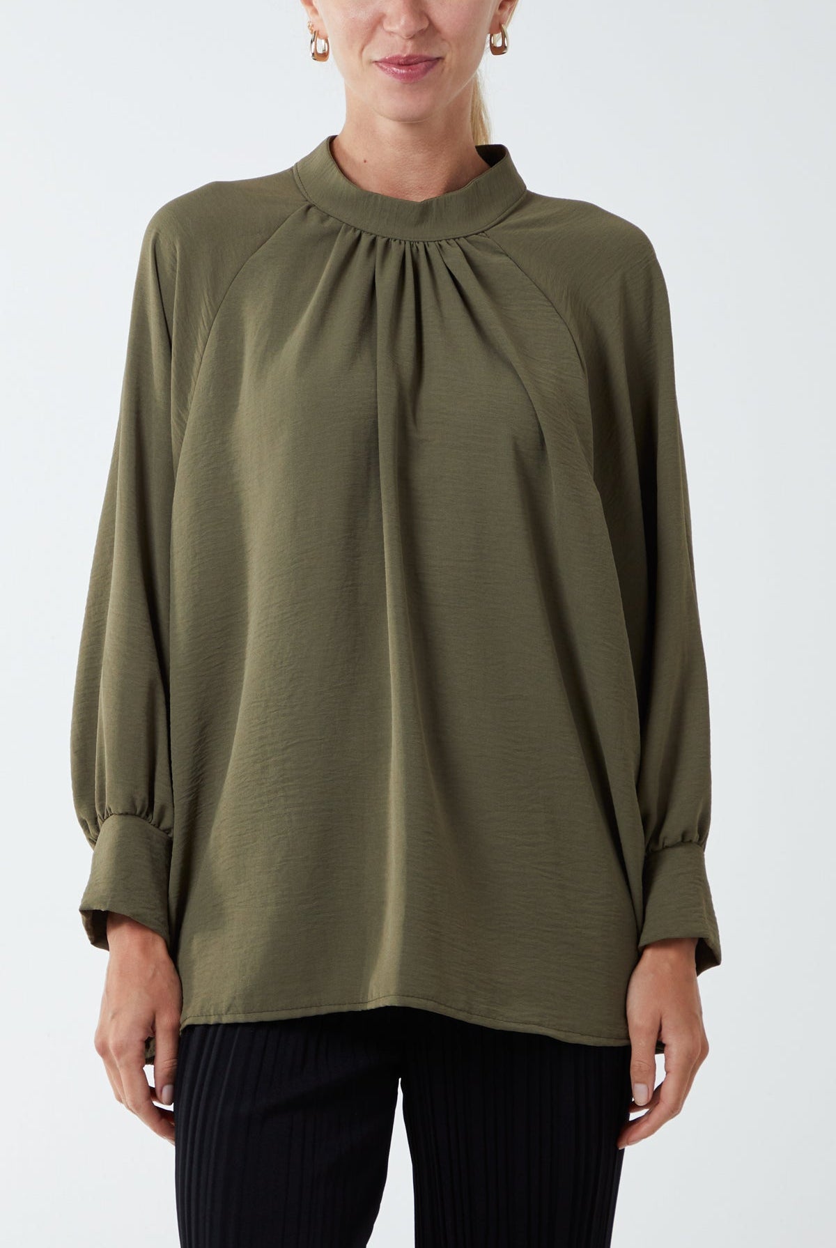 High Neck Batwing Sleeve Blouse TOPMF2 WearAll Khaki One Size