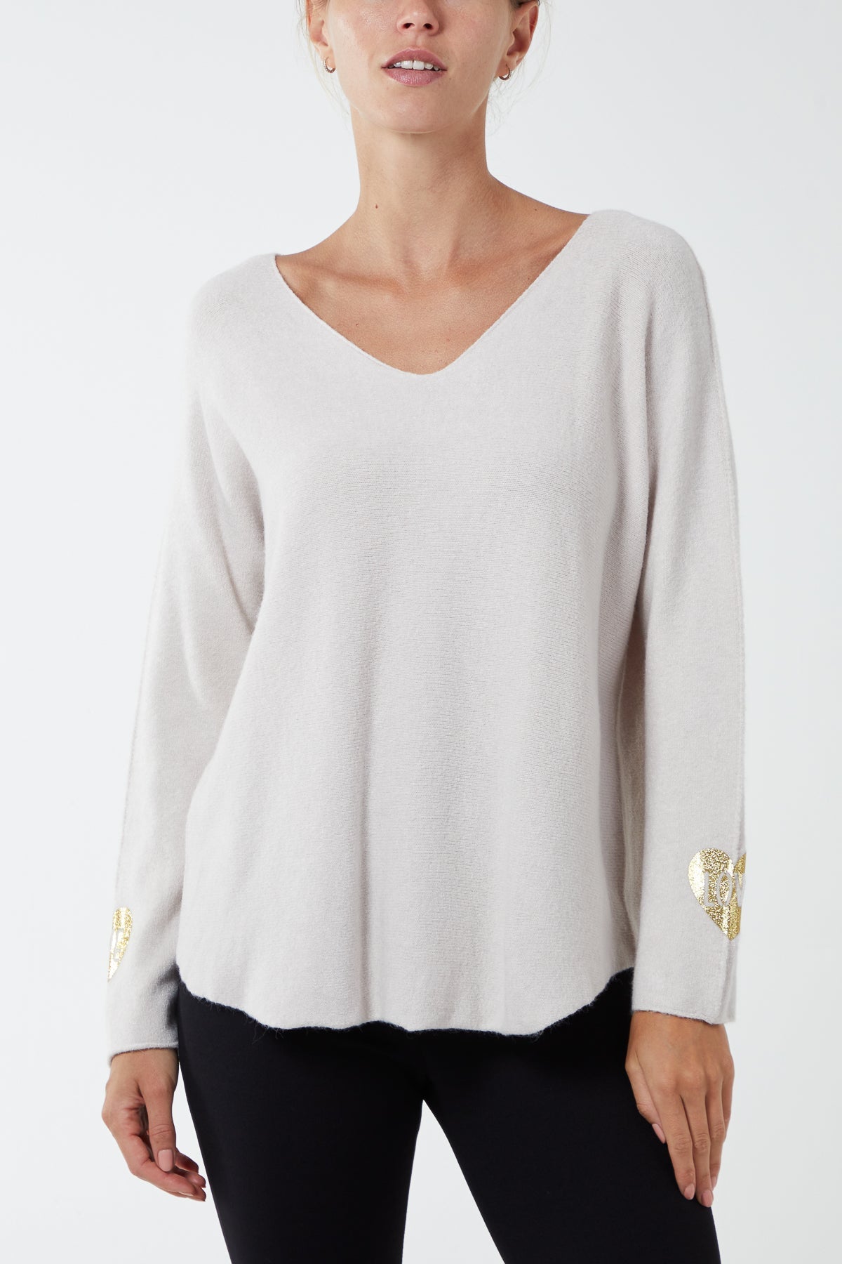 V-Neck Raw Edge 'Love' Sleeve Jumper JMF1 WearAll Beige One Size