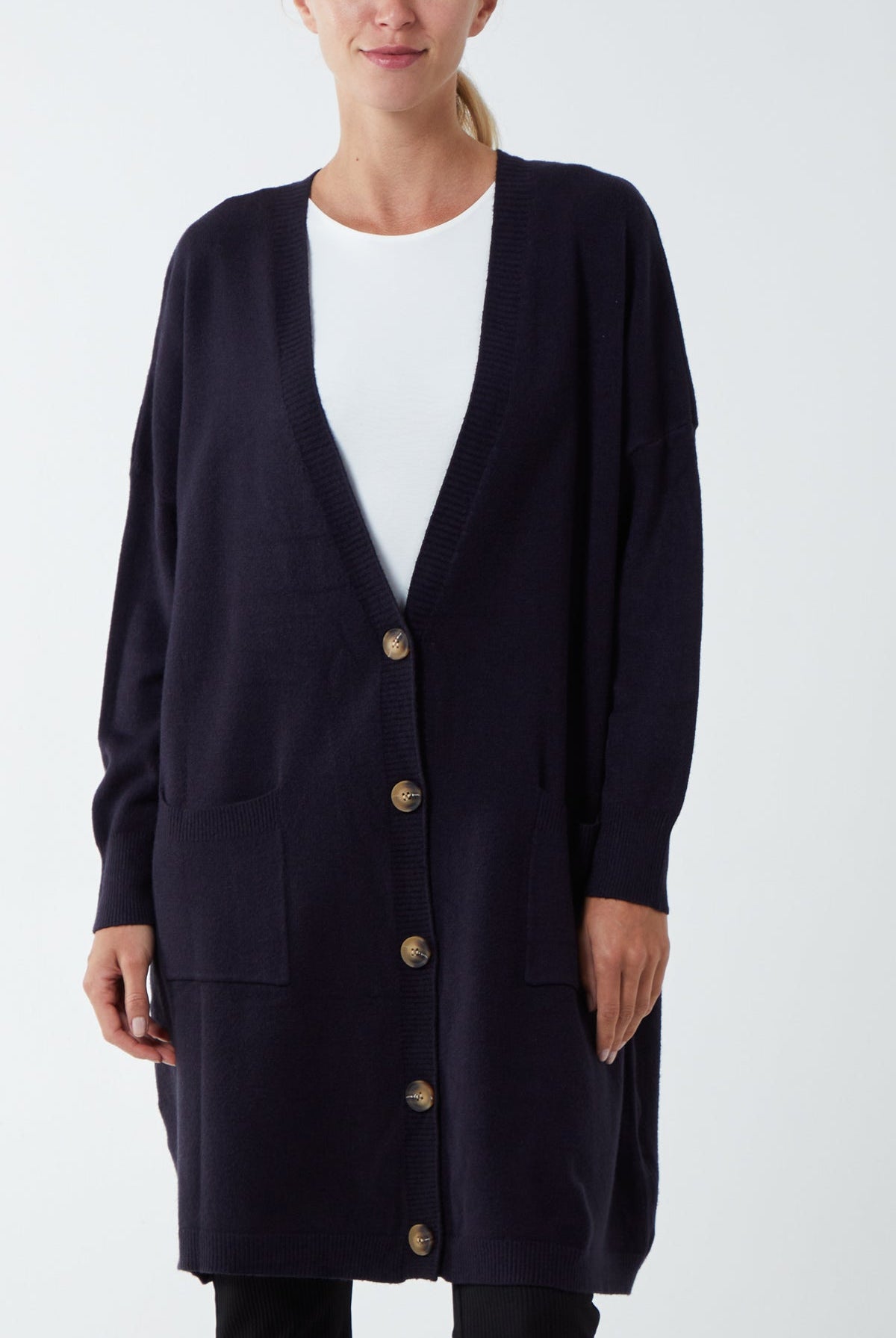 Longline Tortoiseshell Button Pocket Cardigan CMF1 WearAll Navy One Size