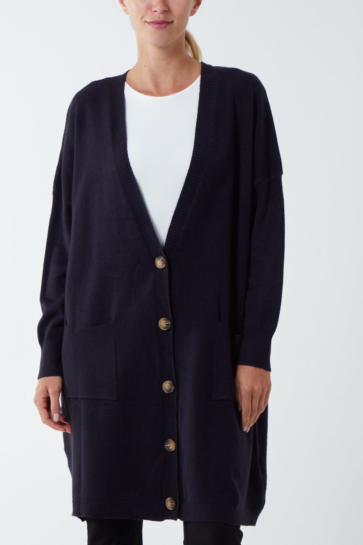 Longline Tortoiseshell Button Pocket Cardigan CMF1 WearAll Navy One Size