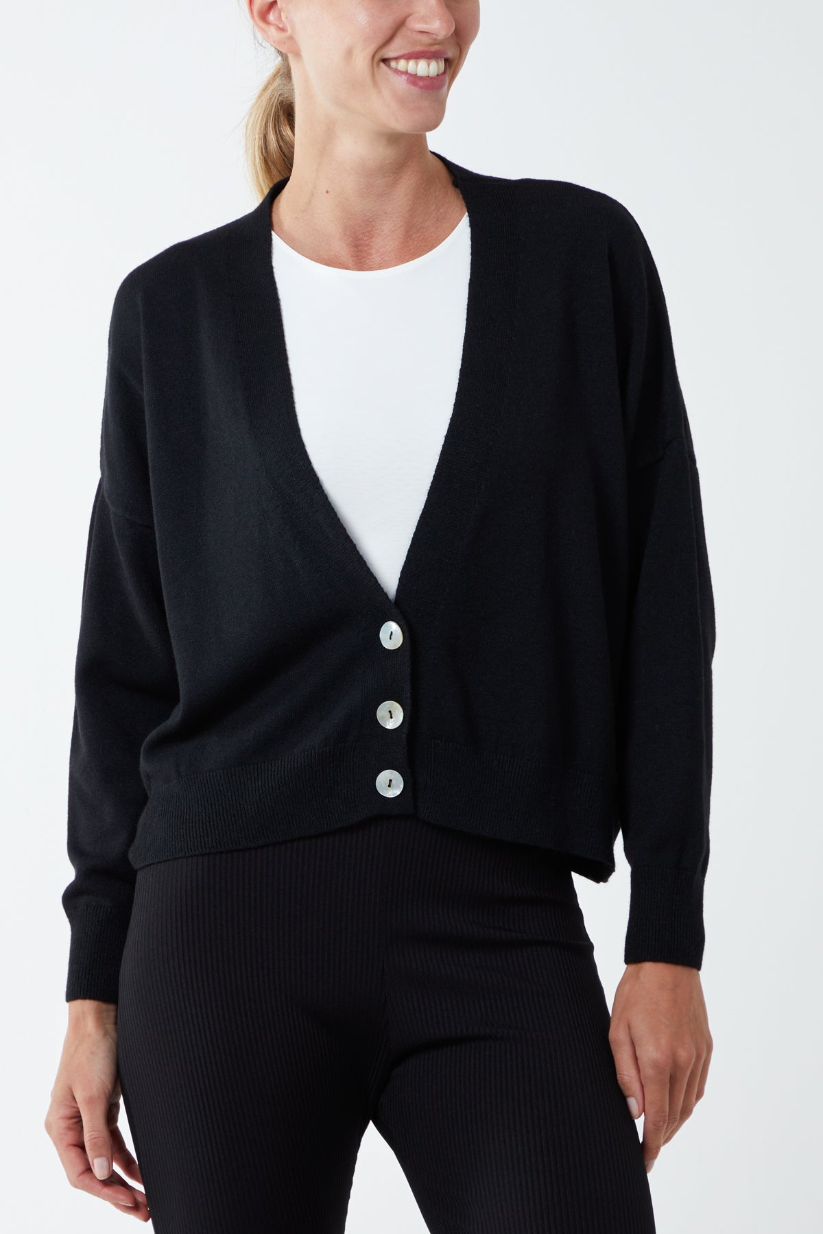 Three Button Cropped Ribbed Cuff Hem Cardigan CMF1 WearAll Black One Size