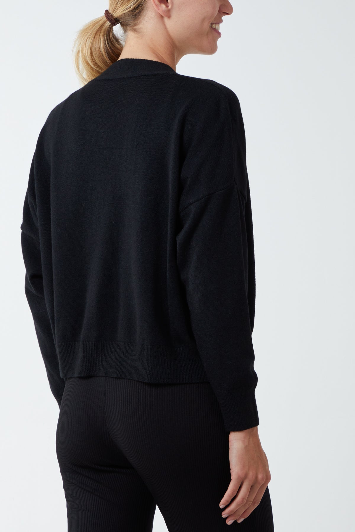 Three Button Cropped Ribbed Cuff Hem Cardigan CMF1 WearAll