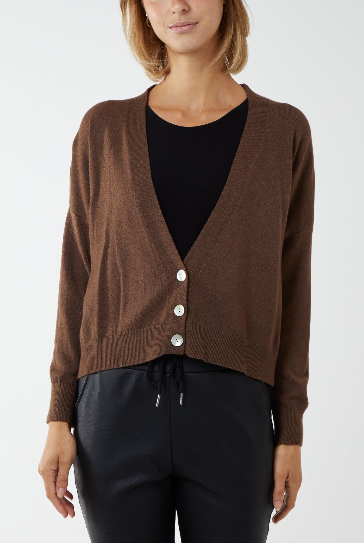 Three Button Cropped Ribbed Cuff Hem Cardigan CMF1 WearAll Brown One Size