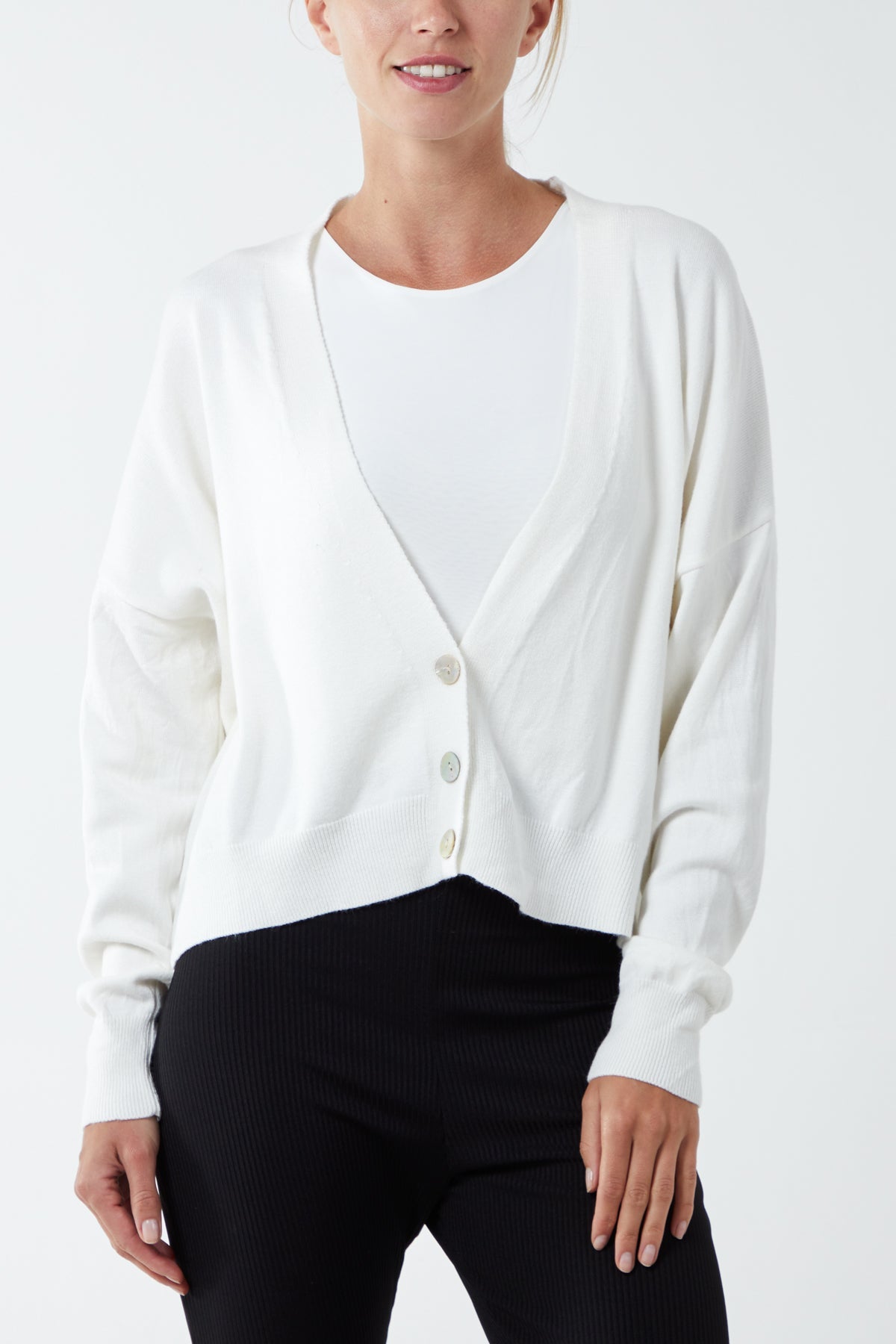Three Button Cropped Ribbed Cuff Hem Cardigan CMF1 WearAll White One Size