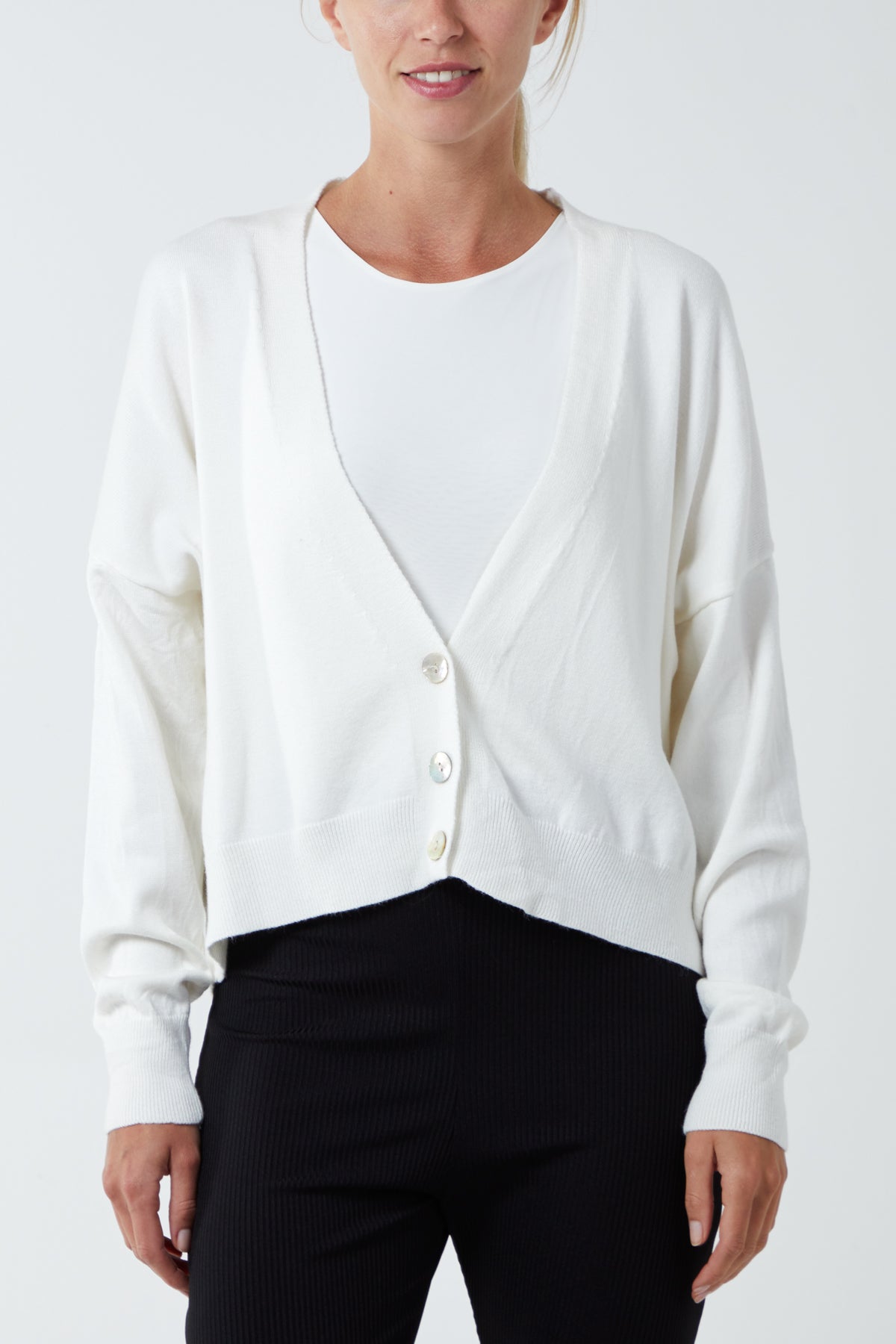 Three Button Cropped Ribbed Cuff Hem Cardigan CMF1 WearAll