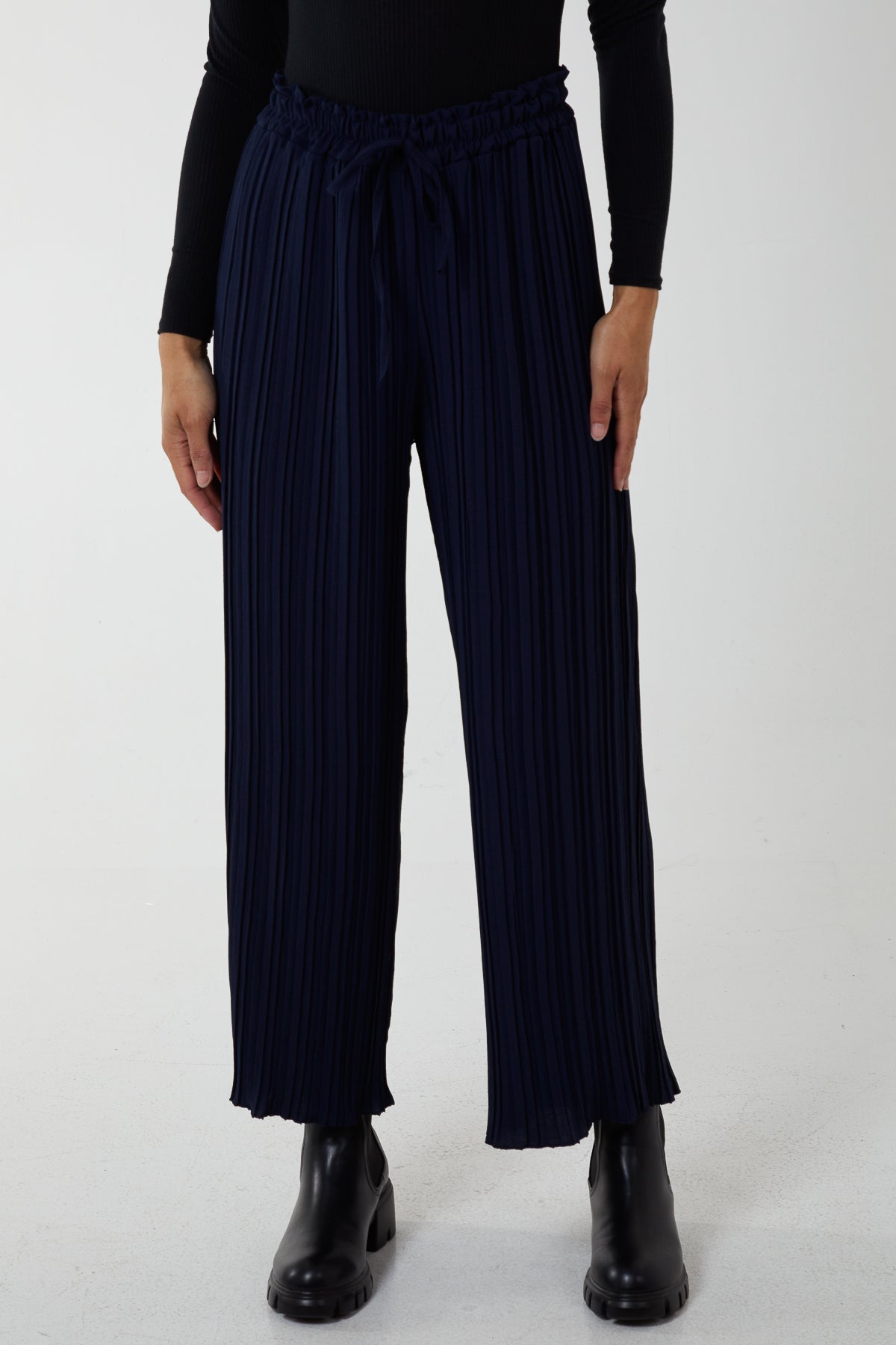 Wide Leg Plisse Drawstring Trousers TRS1 WearAll Navy One Size