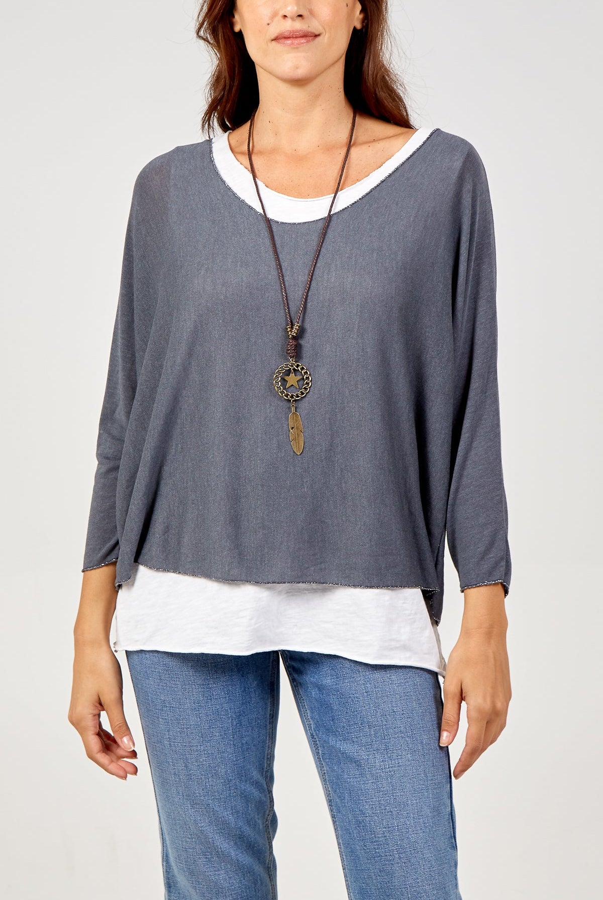 Necklace Double Layer Top TOPMF2 WearAll Mid Grey One Size