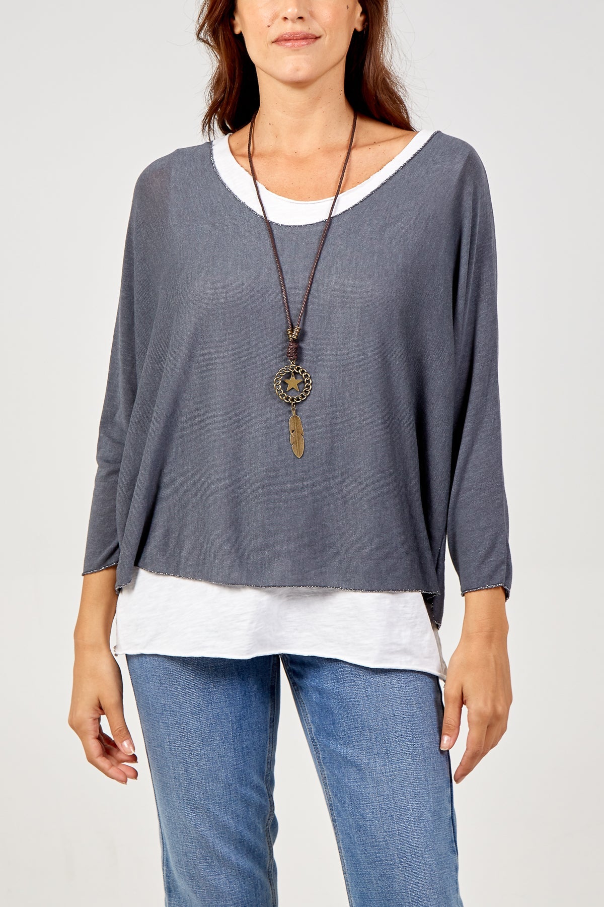 Necklace Double Layer Top TOPMF2 WearAll Mid Grey One Size