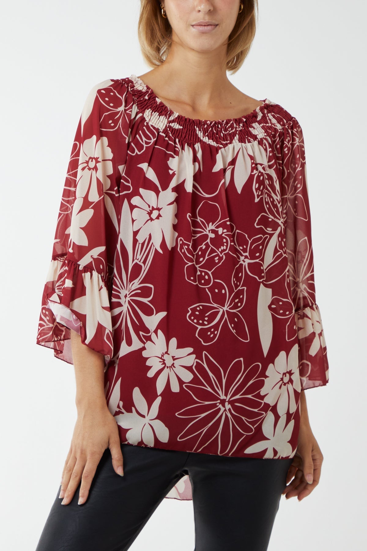 Floral Bardot Long Sleeve Blouse TOPMF2 WearAll Wine One Size