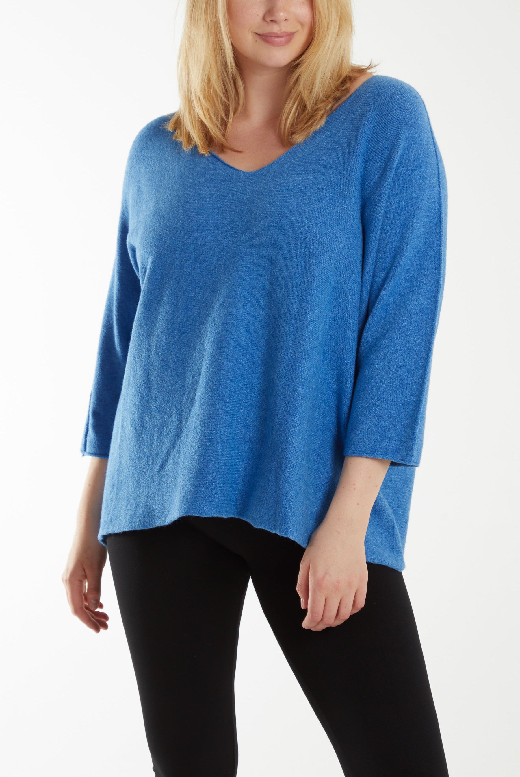 V-Neck Oversized Fine Knit Jumper Top WearAll Blue One Size