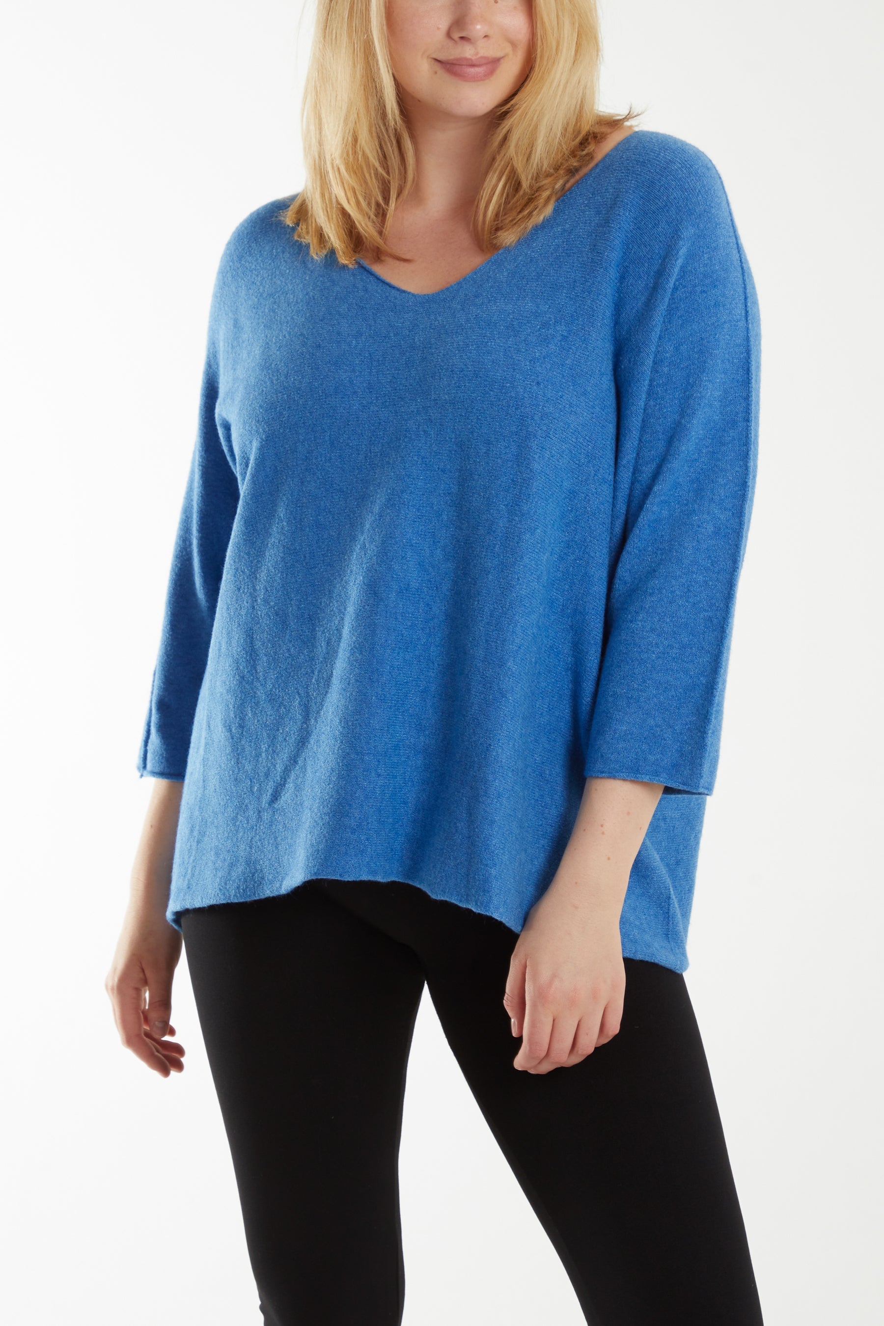 V-Neck Oversized Fine Knit Jumper Top WearAll Blue One Size