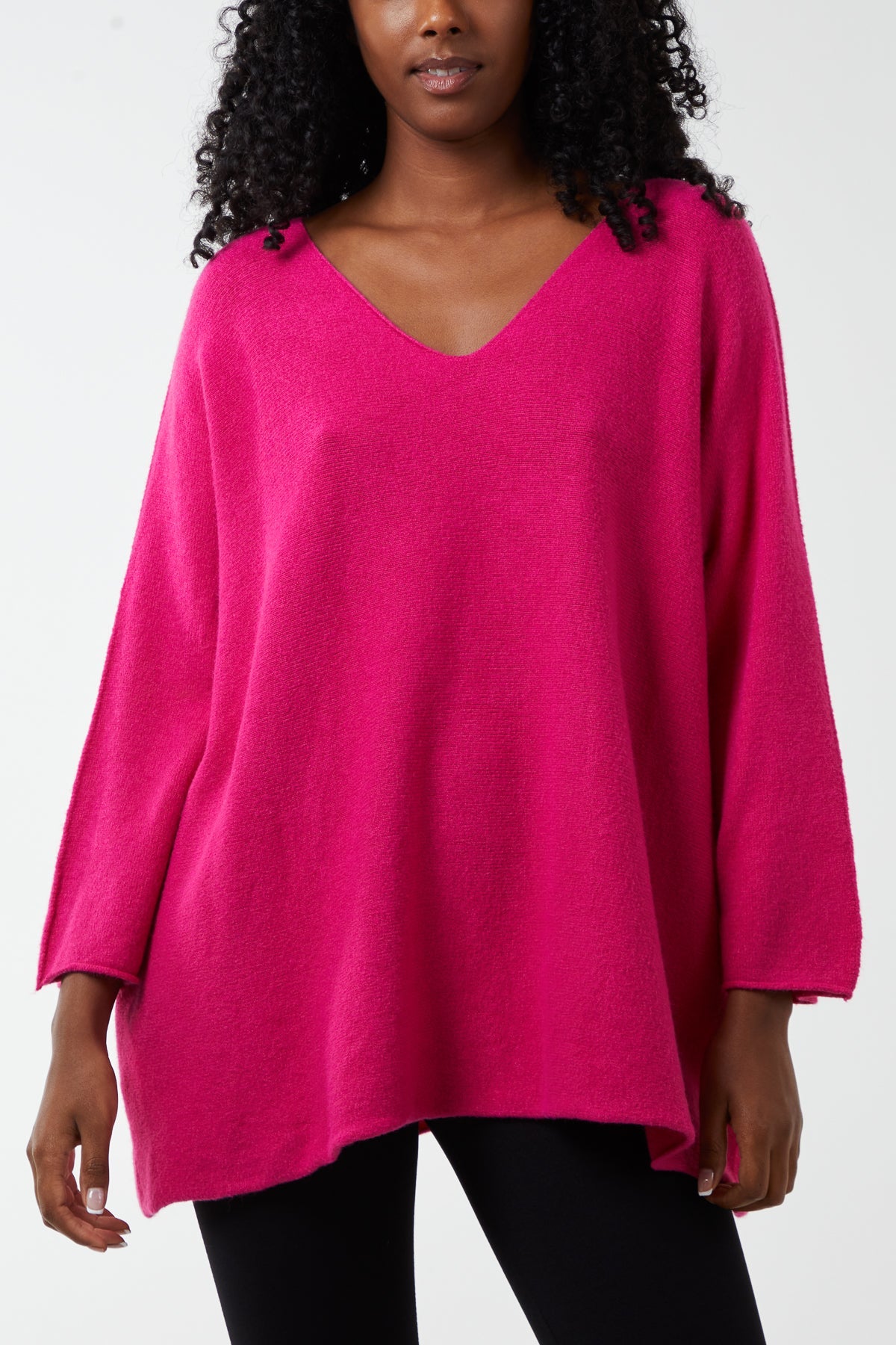 V-Neck Oversized Fine Knit Jumper Top WearAll Fuchsia One Size