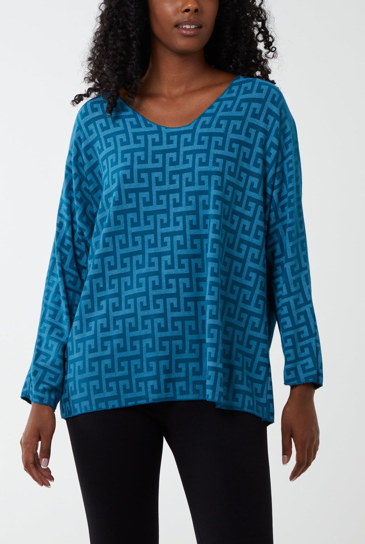 Geometric Pattern Long Sleeve Top TOPMF2 WearAll Teal One Size
