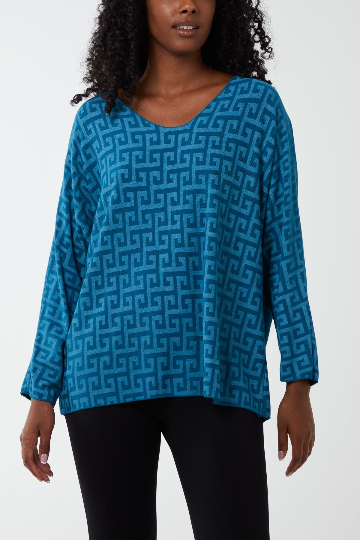 Geometric Pattern Long Sleeve Top TOPMF2 WearAll Teal One Size
