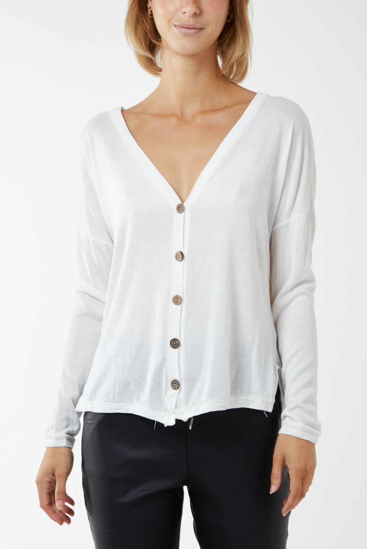 Fine Knit Button Cropped Cardigan CMF1 WearAll White One Size