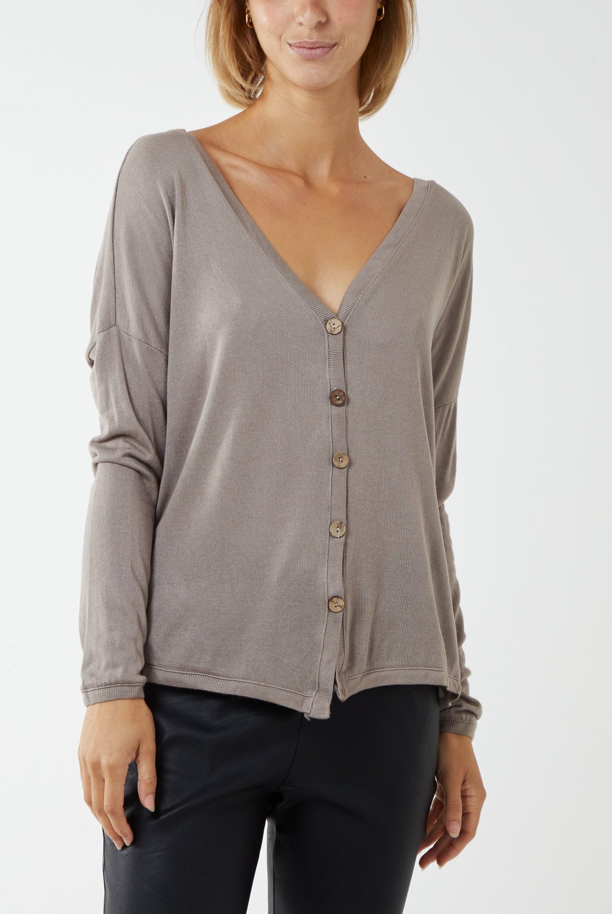 Fine Knit Button Cropped Cardigan CMF1 WearAll Mocha One Size