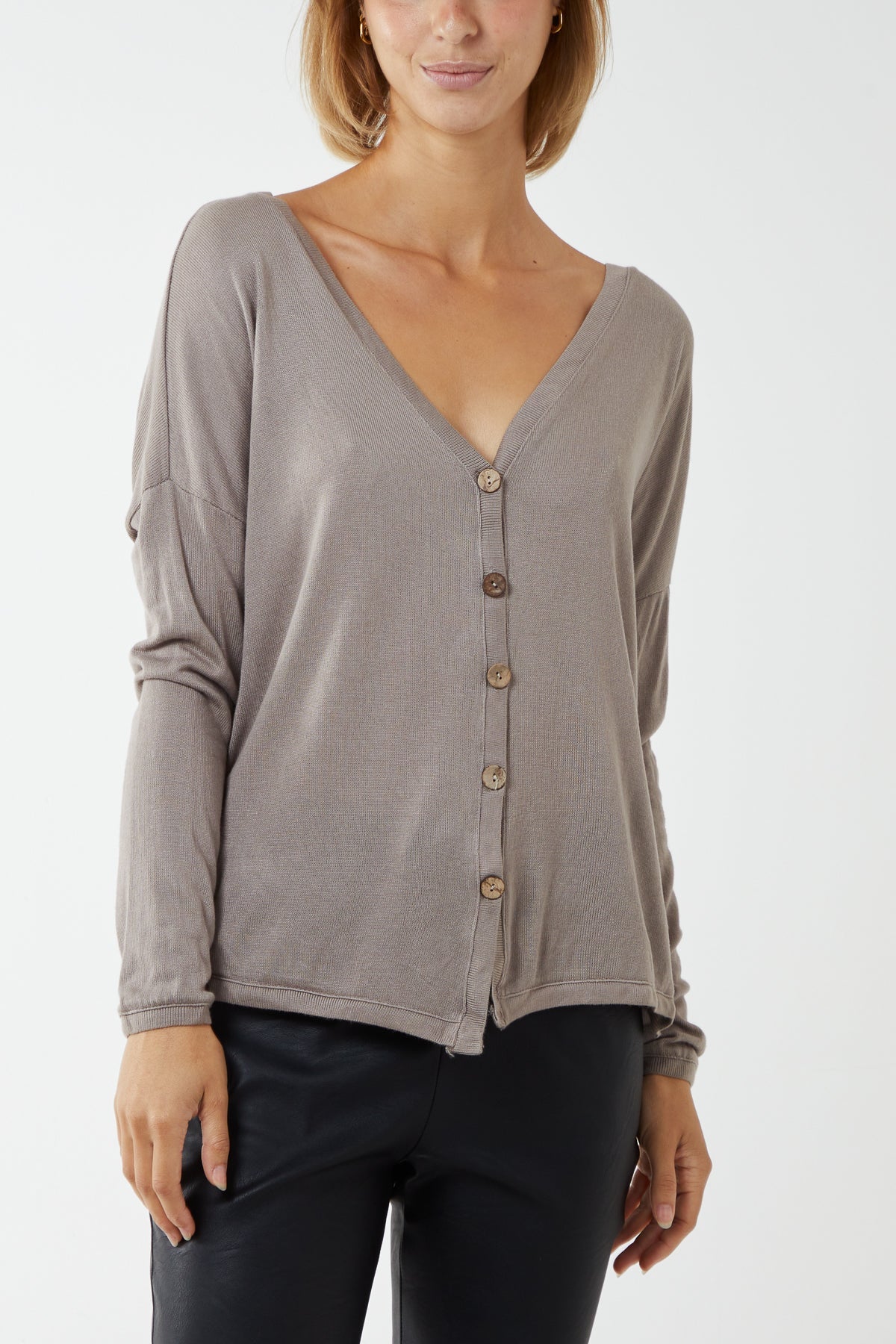 Fine Knit Button Cropped Cardigan CMF1 WearAll Mocha One Size