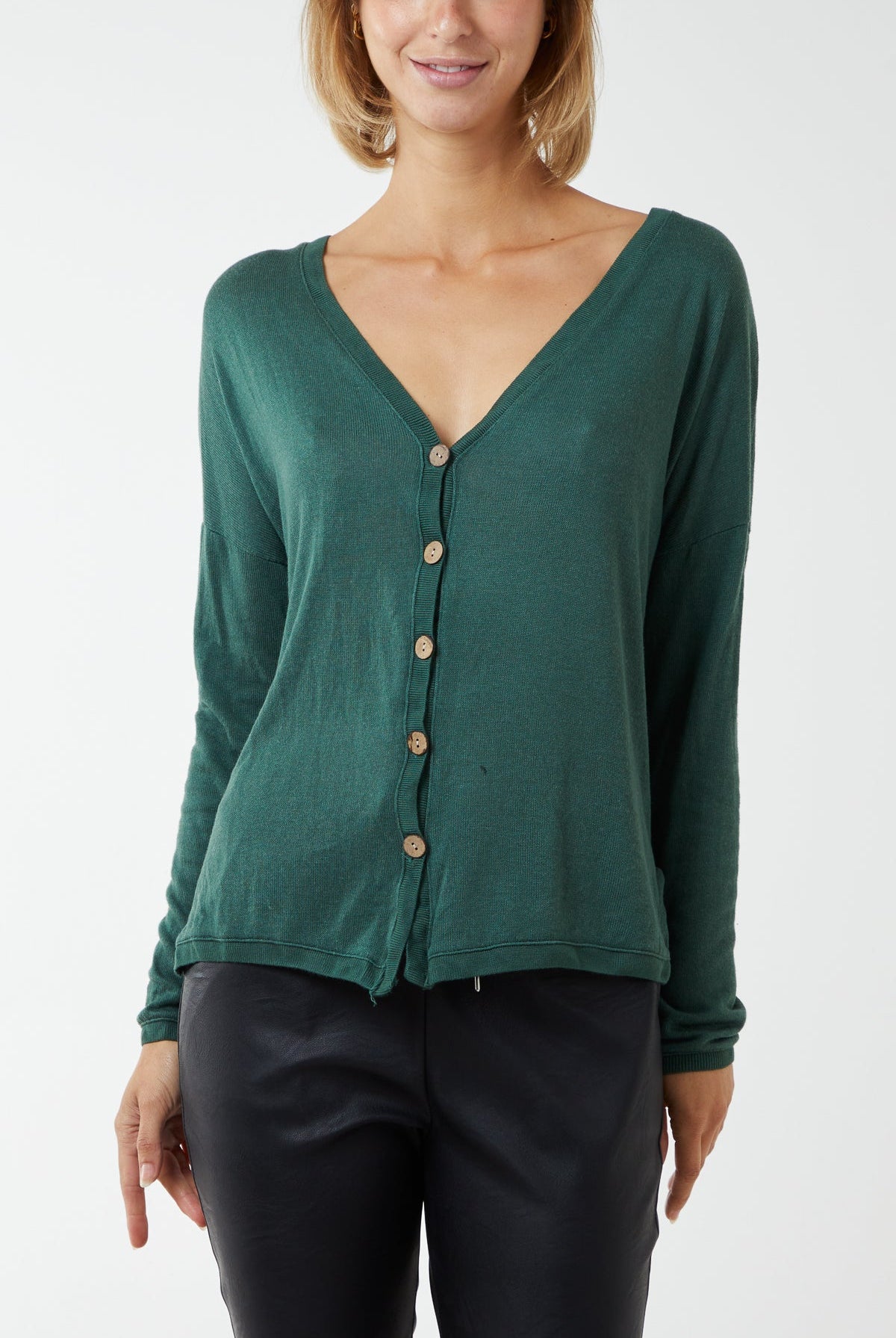 Fine Knit Button Cropped Cardigan CMF1 WearAll Bottle Green One Size