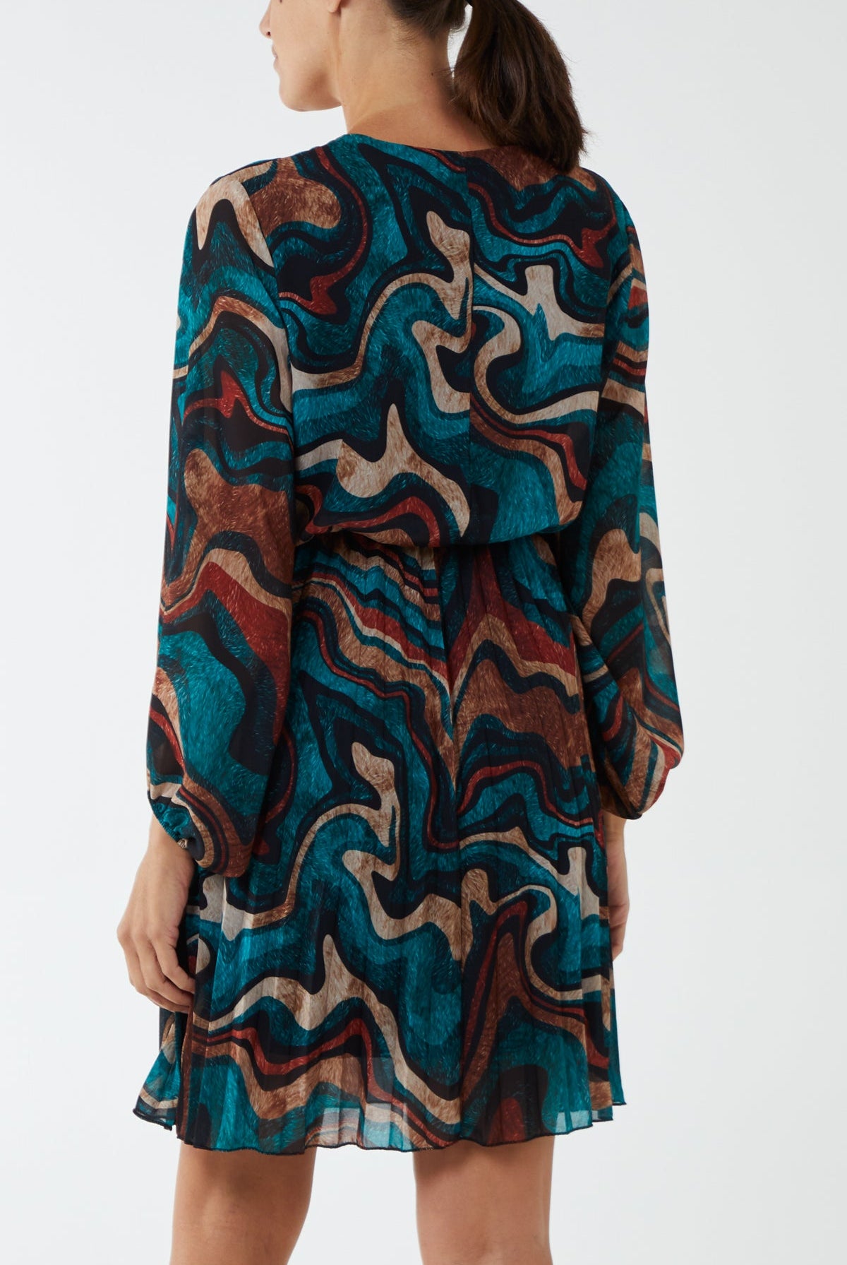 V-Neck Marble Pleated Skirt Mini Dress DMF2 WearAll