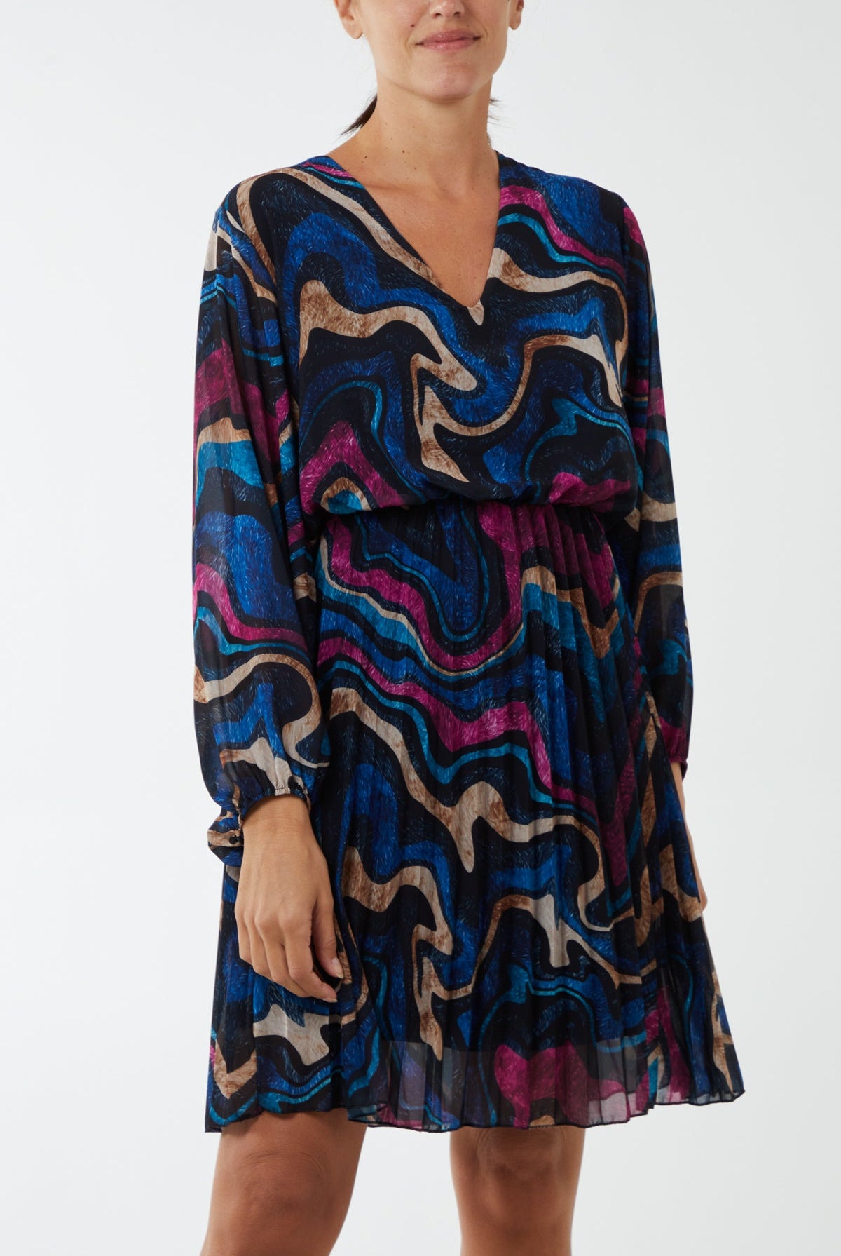 V-Neck Marble Pleated Skirt Mini Dress DMF2 WearAll Navy One Size