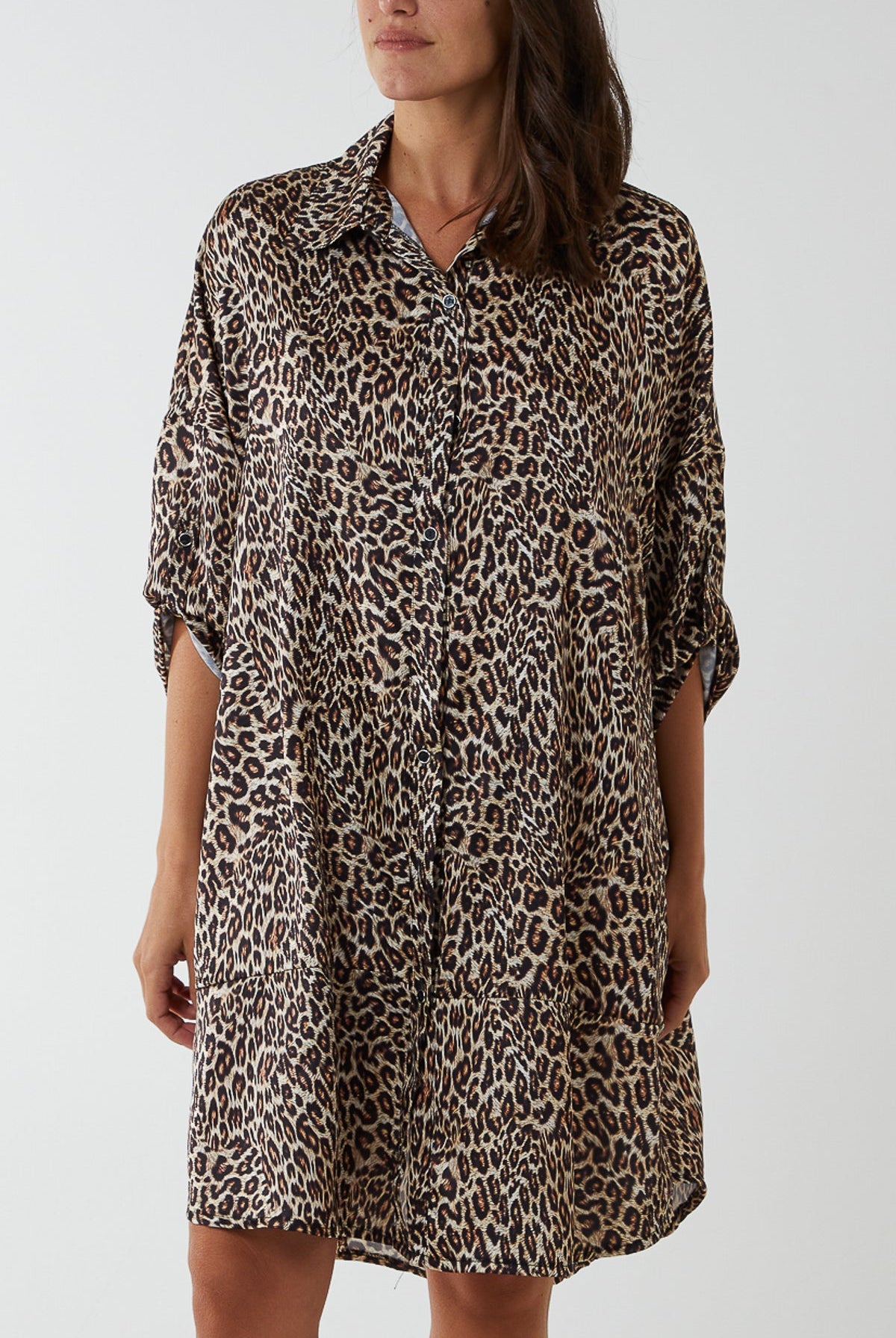 Satin Leopard Print Shirt Dress DMF2 WearAll Animal One Size