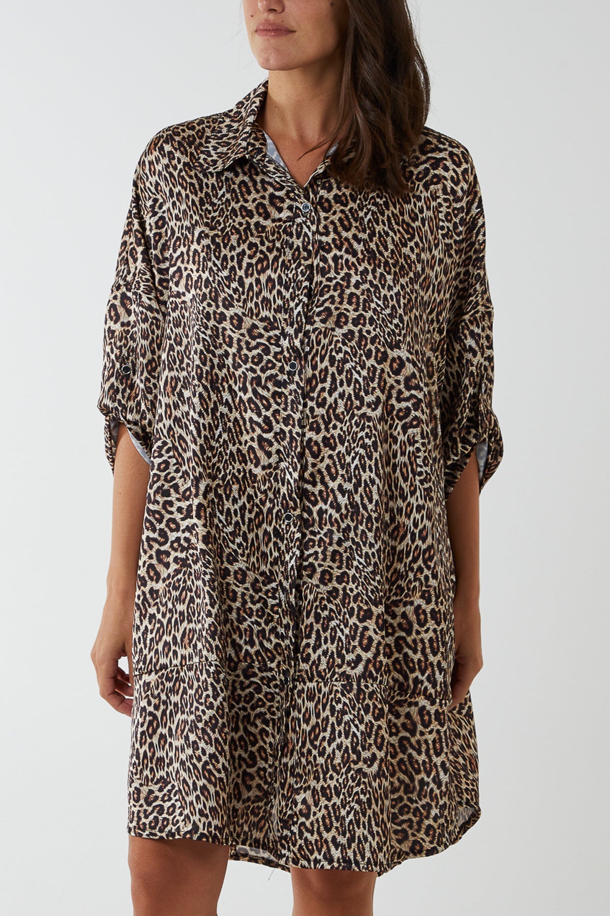 Satin Leopard Print Shirt Dress DMF2 WearAll Animal One Size