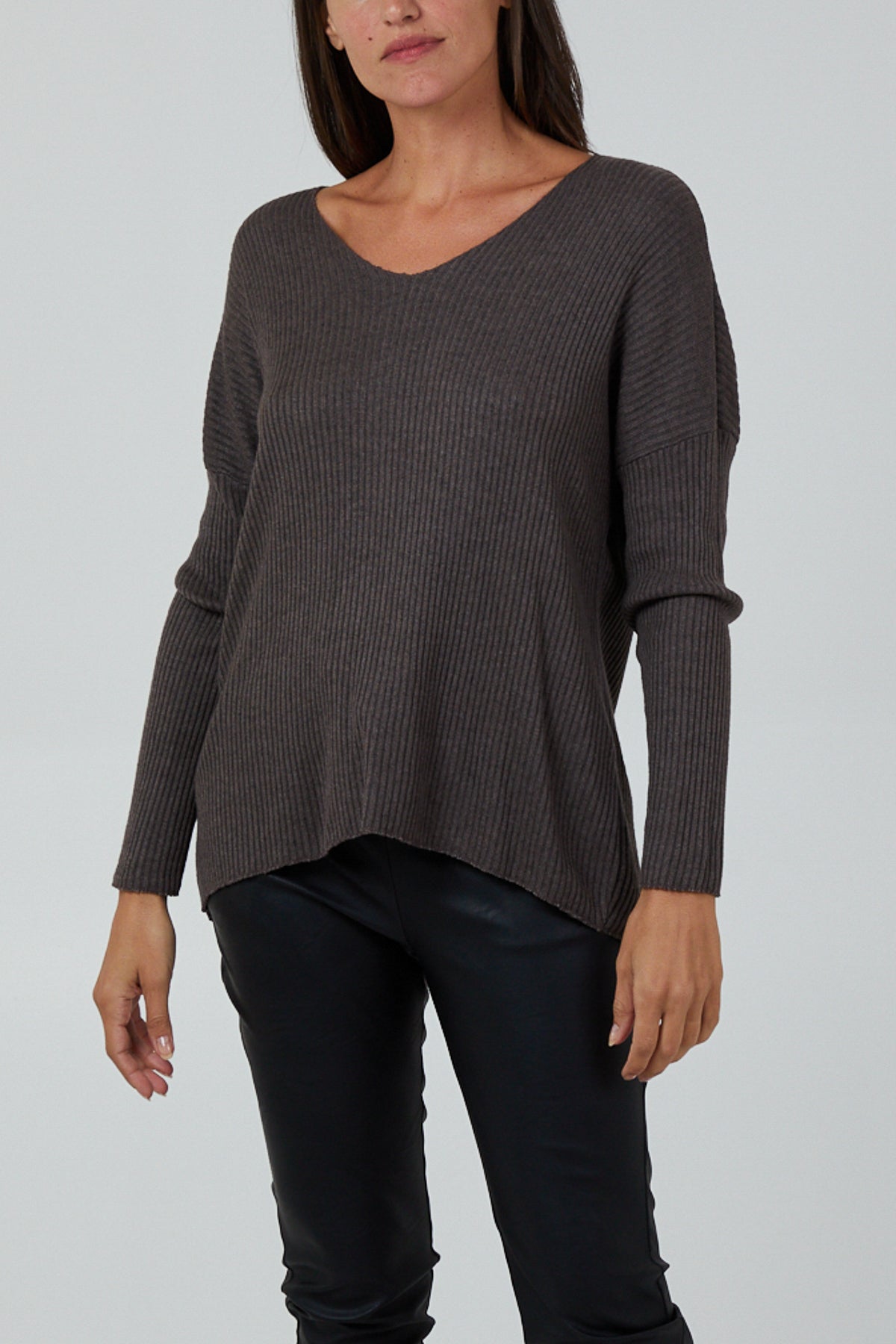 Wool Blend V-Neck Ribbed Fitted Jumper JMF1 WearAll Brown One Size