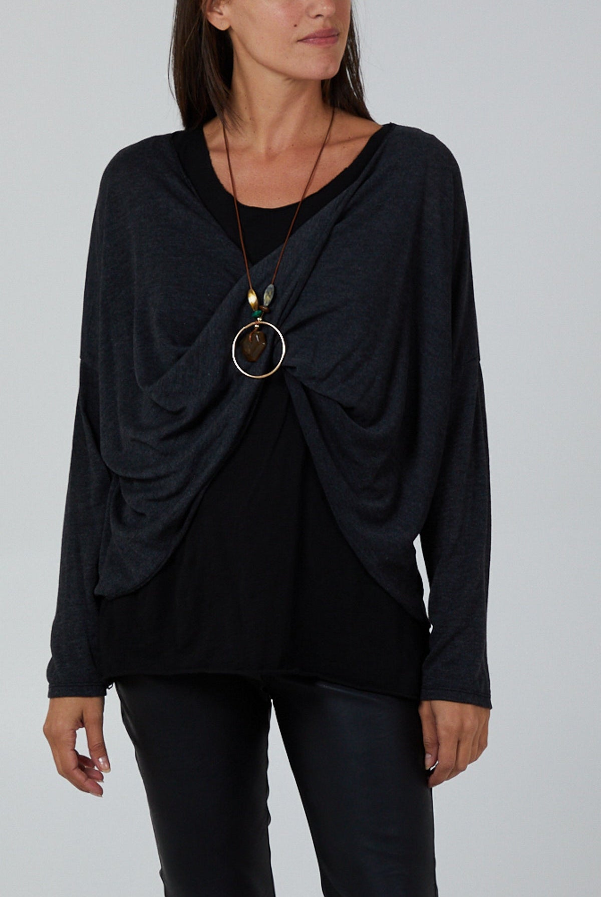 Twist Front 2 in 1 Necklace Long Sleeve Top TOPMF2 WearAll Charcoal One Size