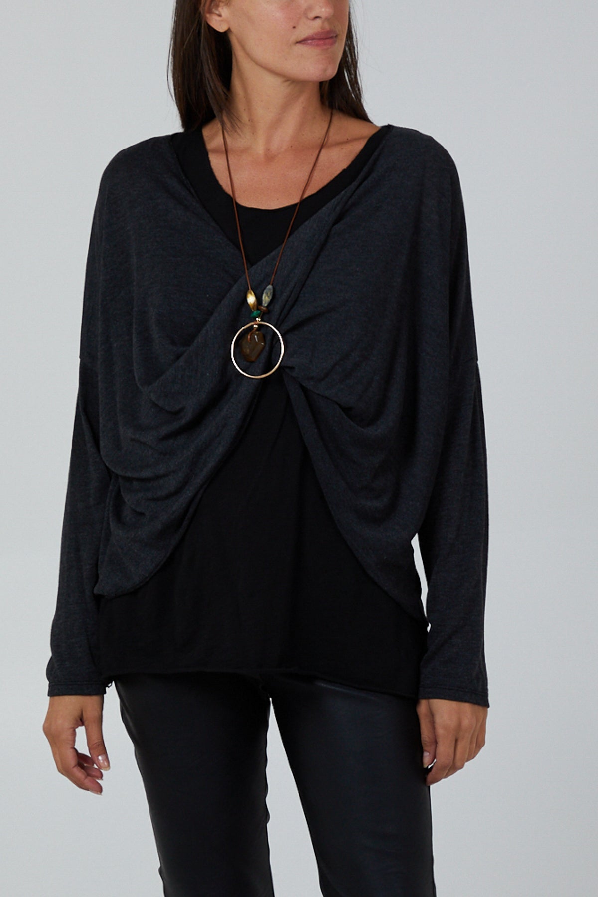 Twist Front 2 in 1 Necklace Long Sleeve Top TOPMF2 WearAll Charcoal One Size