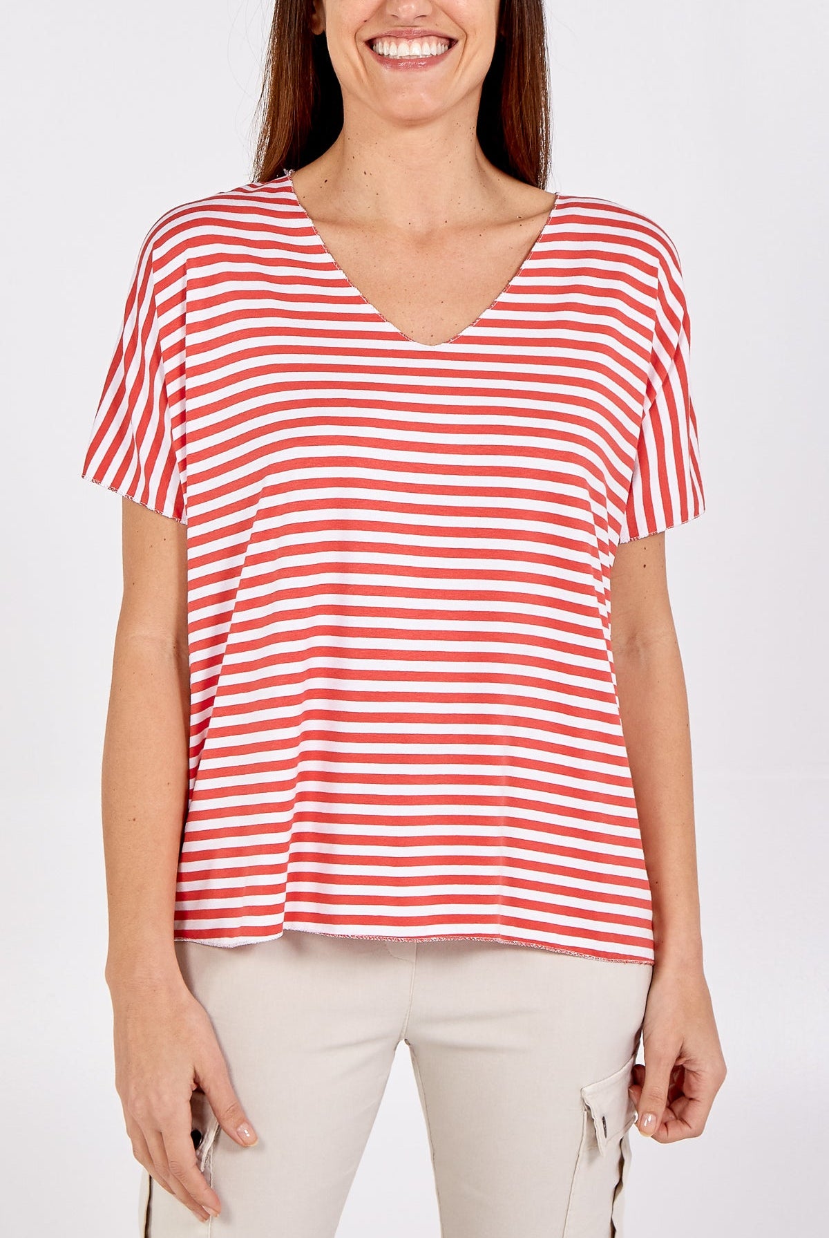 V-Neck Stripe T-Shirt TOPMF2 WearAll Coral One Size