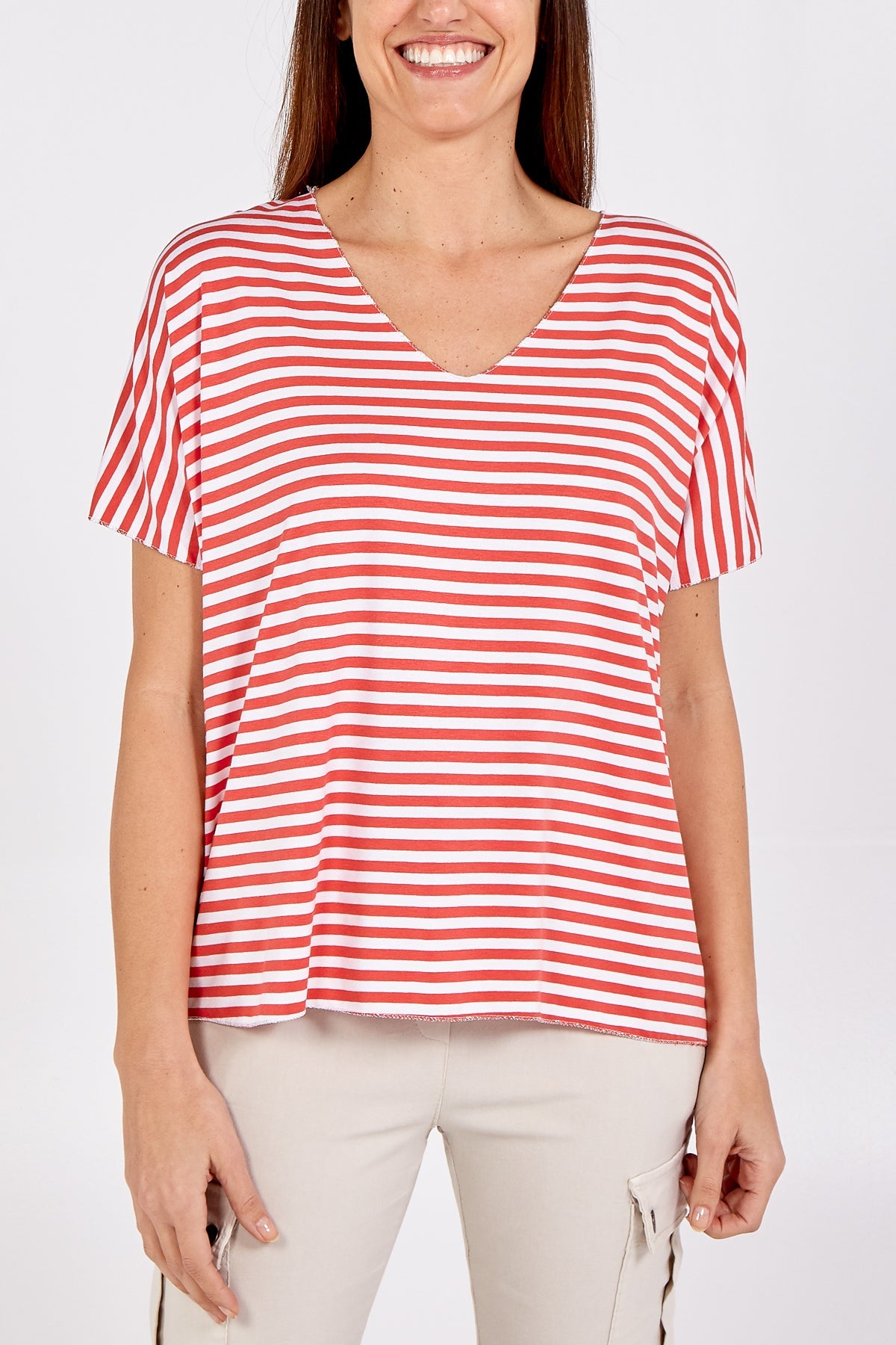 V-Neck Stripe T-Shirt TOPMF2 WearAll Coral One Size