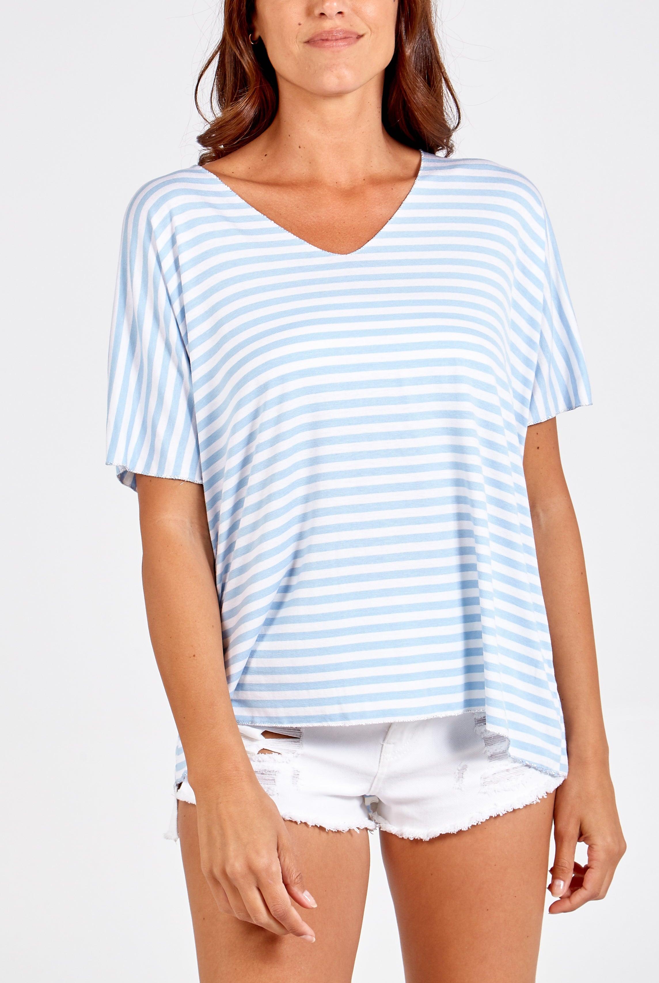 V-Neck Stripe T-Shirt TOPMF2 WearAll Light Blue One Size