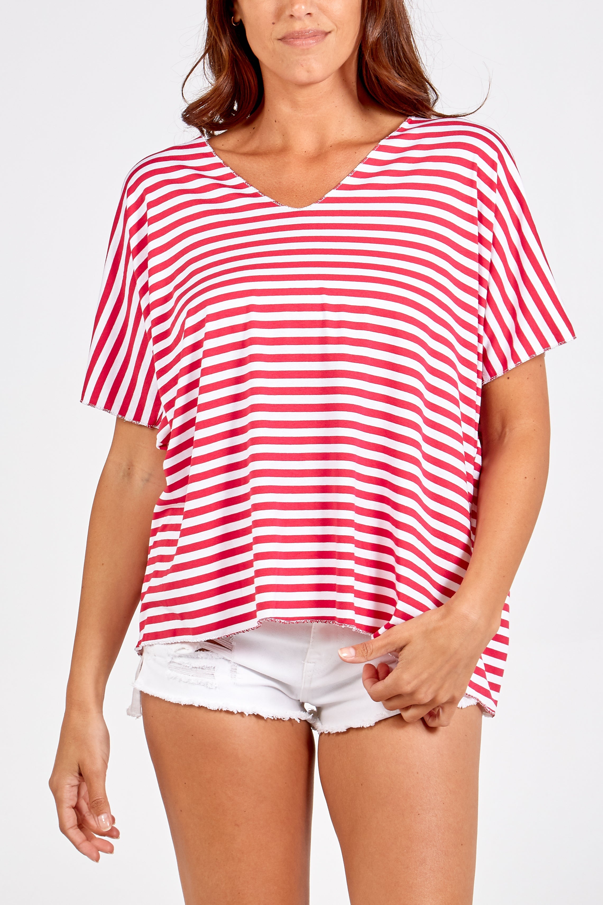 V-Neck Stripe T-Shirt TOPMF2 WearAll Hot Pink One Size