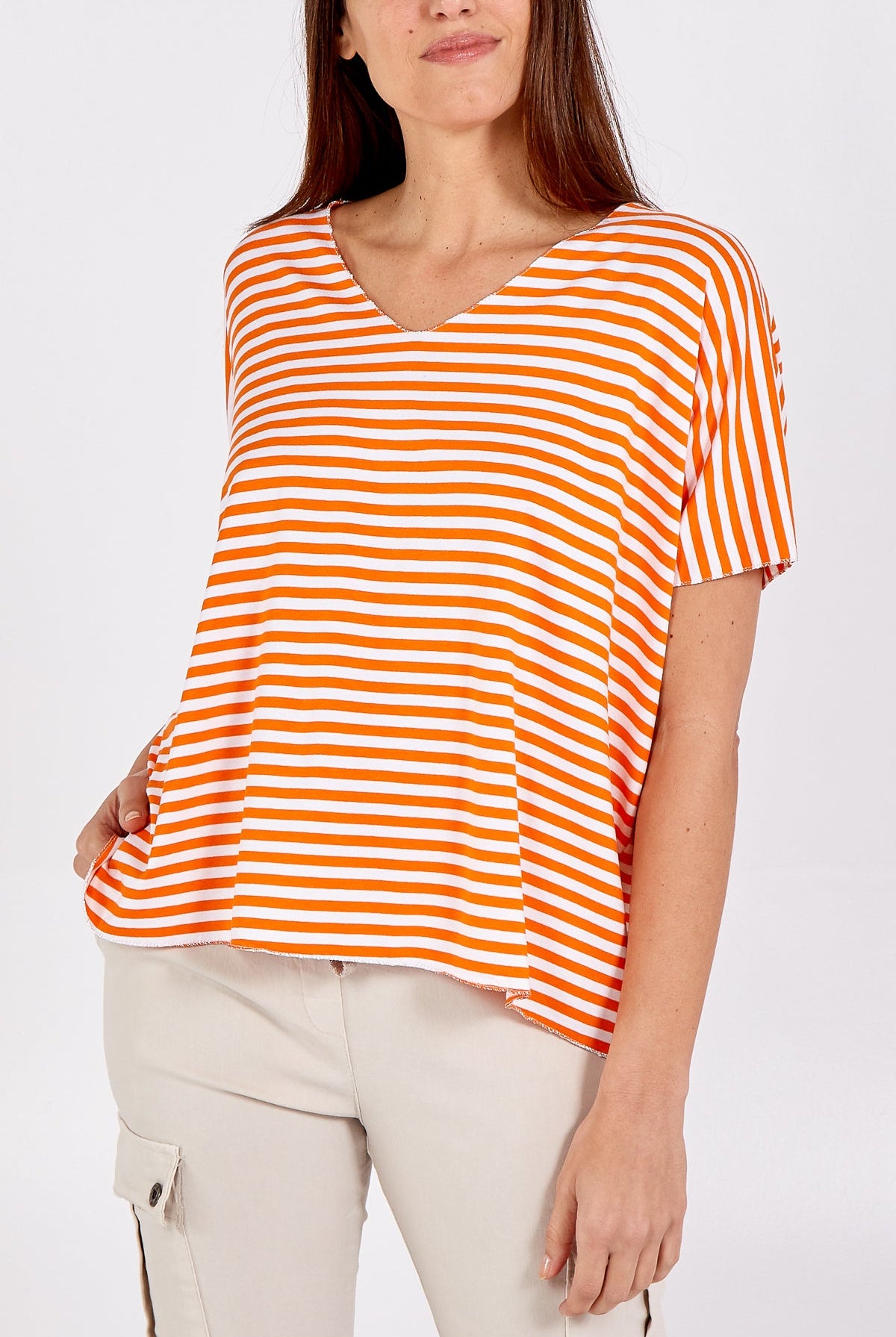 V-Neck Stripe T-Shirt TOPMF2 WearAll Orange One Size