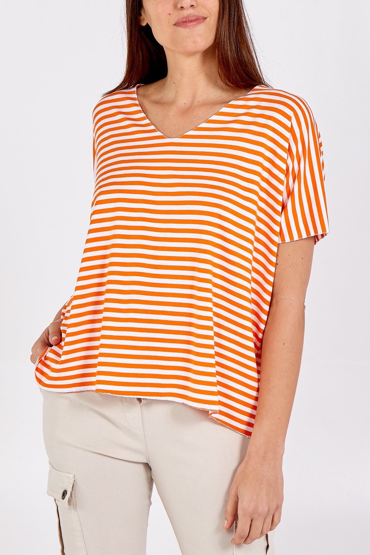V-Neck Stripe T-Shirt TOPMF2 WearAll Orange One Size