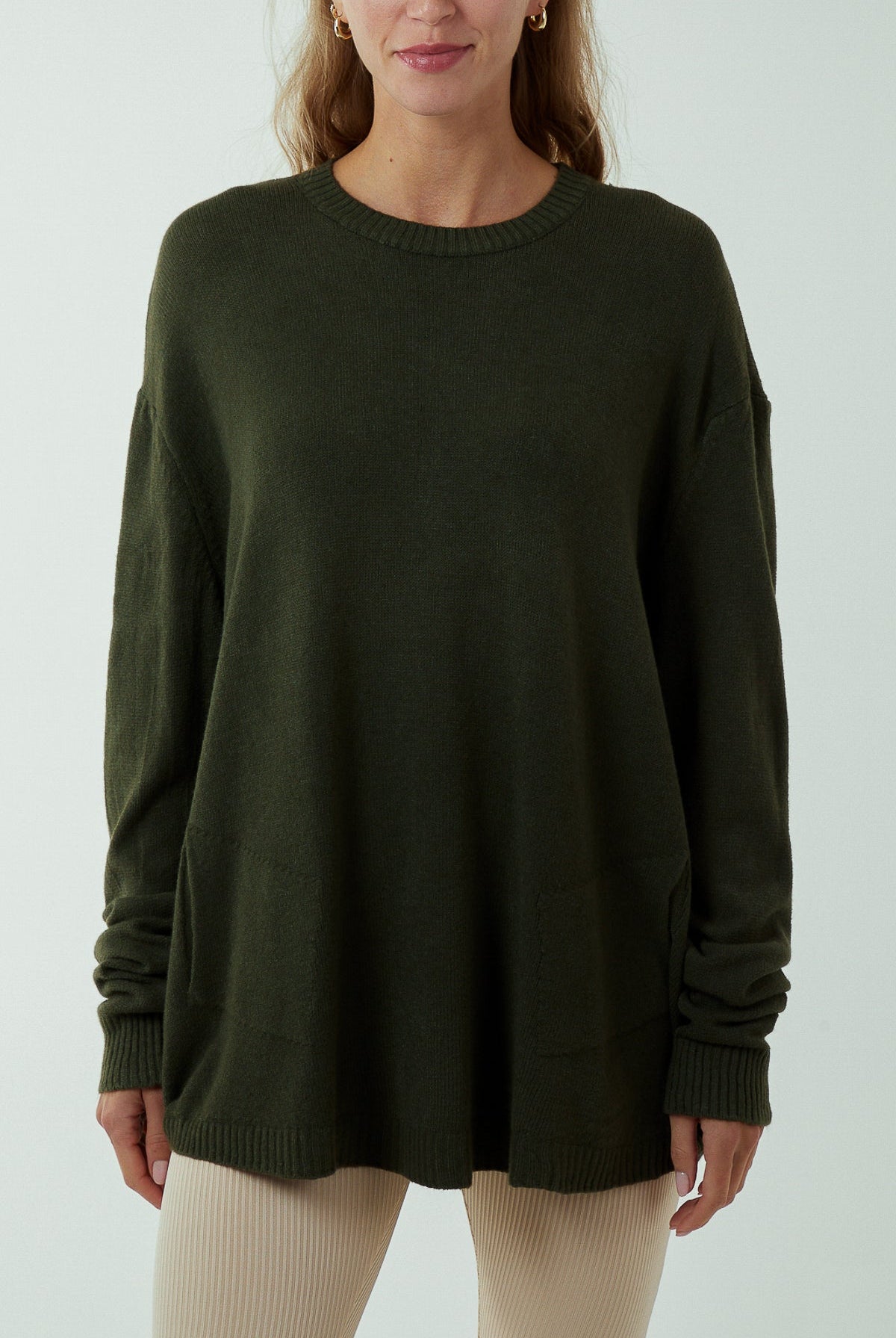 Pocket Crew Neck Oversized Jumper JMF1 WearAll Forest Green One Size
